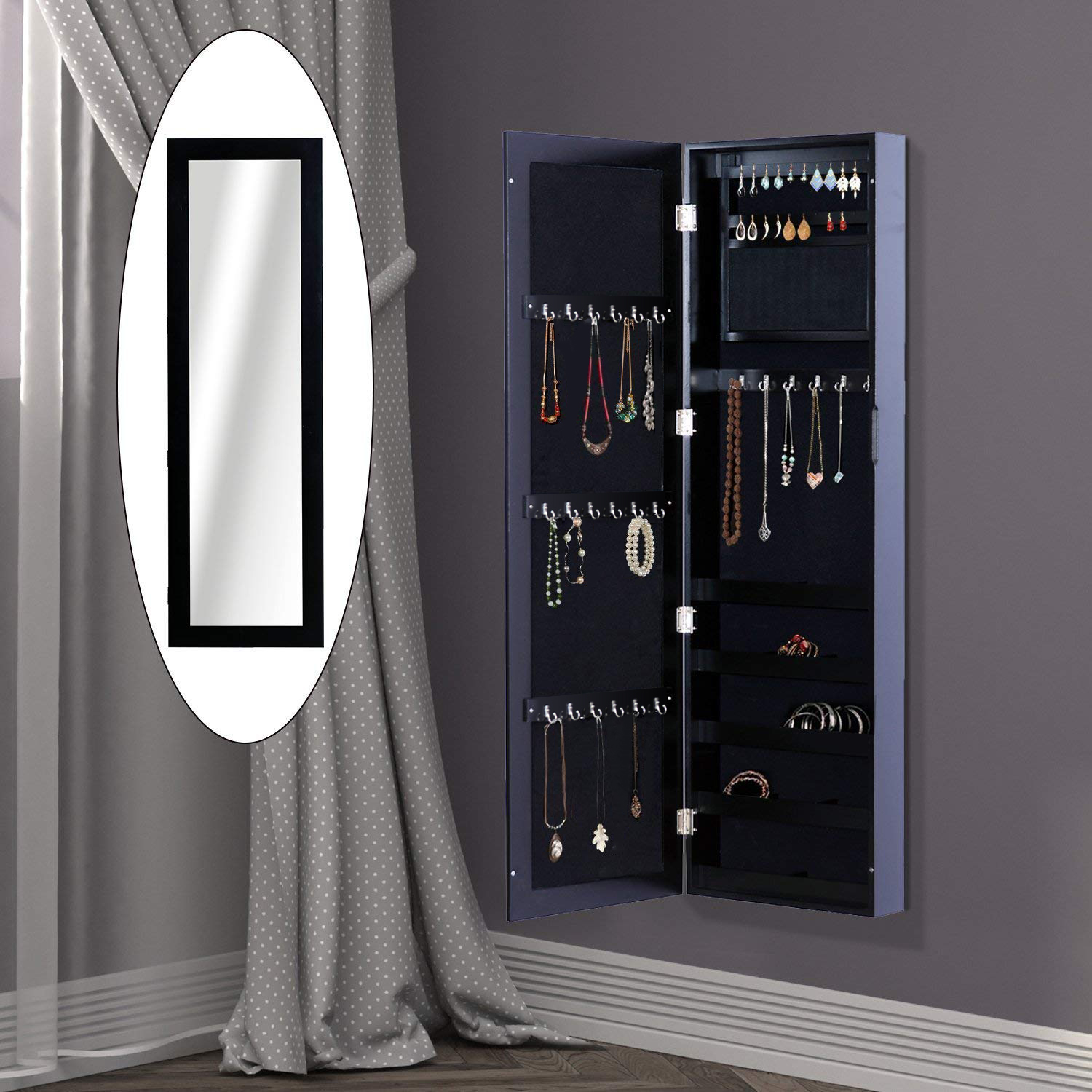 HOMCOM Wand Schmuckschrank mit Haken und Fächern aus Holz, Schmuckschrank mit Spiegel für Ohrringe, Halsketten und Ringe, 37x9.5x121 cm, Schwarz