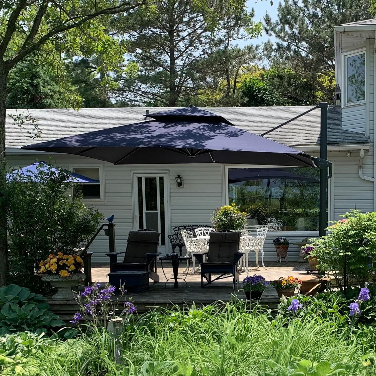 PURPLE LEAF 10FT Cantilever Outdoor Umbrellas Large Patio Umbrella Hanging Double Top Square Offset Umbrella with 360°Rotation Tilting Umbrella Outdoor Patio, Navy Blue