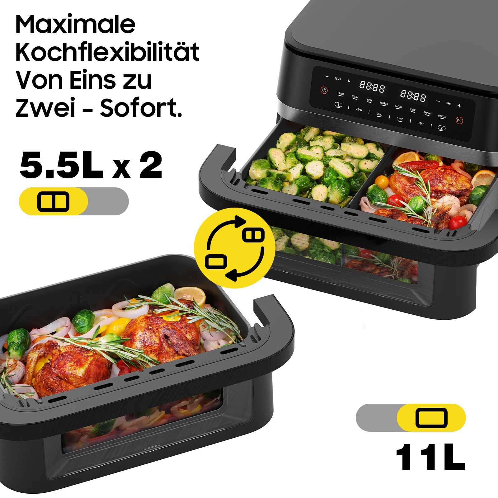 Heißluftfritteuse XXL 2 karmmern, Airfryer mit Sichtfenster & Beleuchtung, Doppelkammer + abnehmbare Trennwand, Sync-Funktion, LED-Touch, 8 Programme, spülmaschinenfestes Körbchen