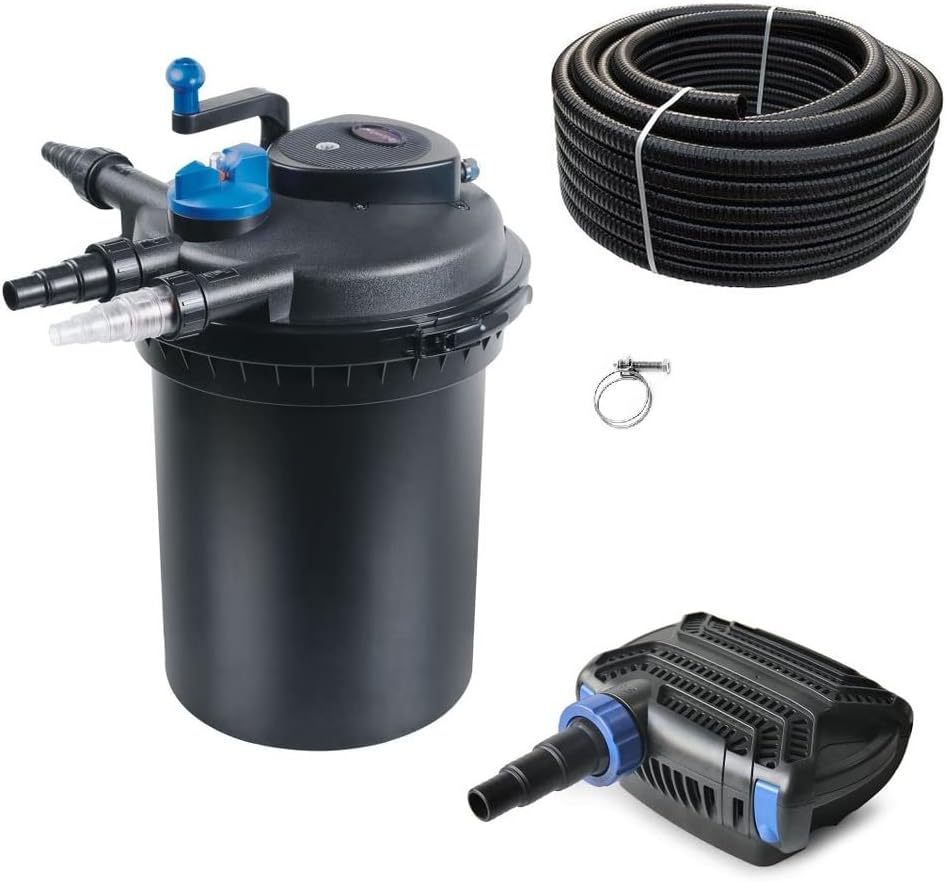 AquaOne Teichfilter Set mit Teichpumpe I Filteranlage CPF-15000 für einen Teich bis 30.000 Liter I Komplettset mit UV Lampe Eco Pumpe 30 Watt Teichschlauch Nr. 29