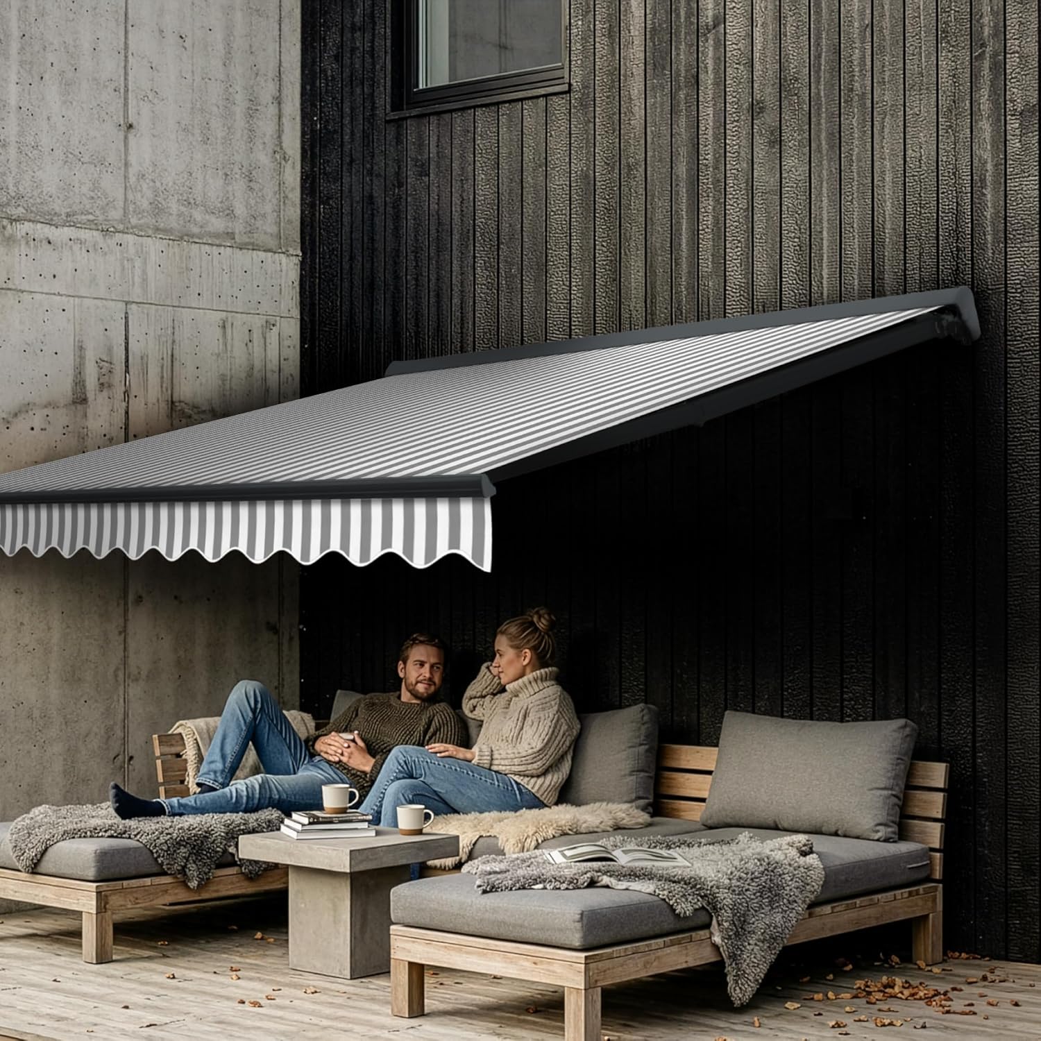 Eclipse Kassettenmarkise Halbkassette Gelenkarm Sonnenschutz Markise Sonnenmarkise Balkonmarkise manuell Standard 2,5 x 2,0 m m Stoff 280g/m² Polyester (PE) UV-Schutz 50+, Markisentuchfarbe: Grau-Weiß