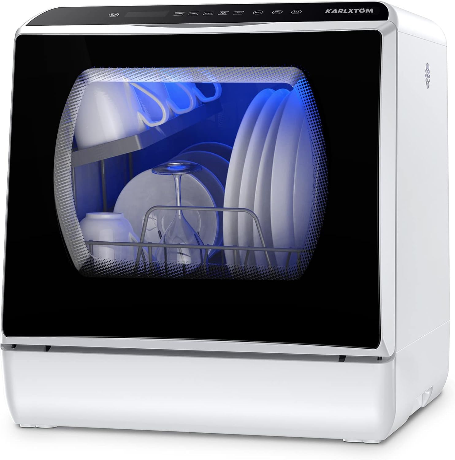 Karlxtom Lavastoviglie portatile, Lavastoviglie Piccola da Appoggio con Doppia Modalità di Alimentazione Dell'acqua, Lavaggio a 360°, 6 Programmi, Controllo touch, Display a LED, Bianca