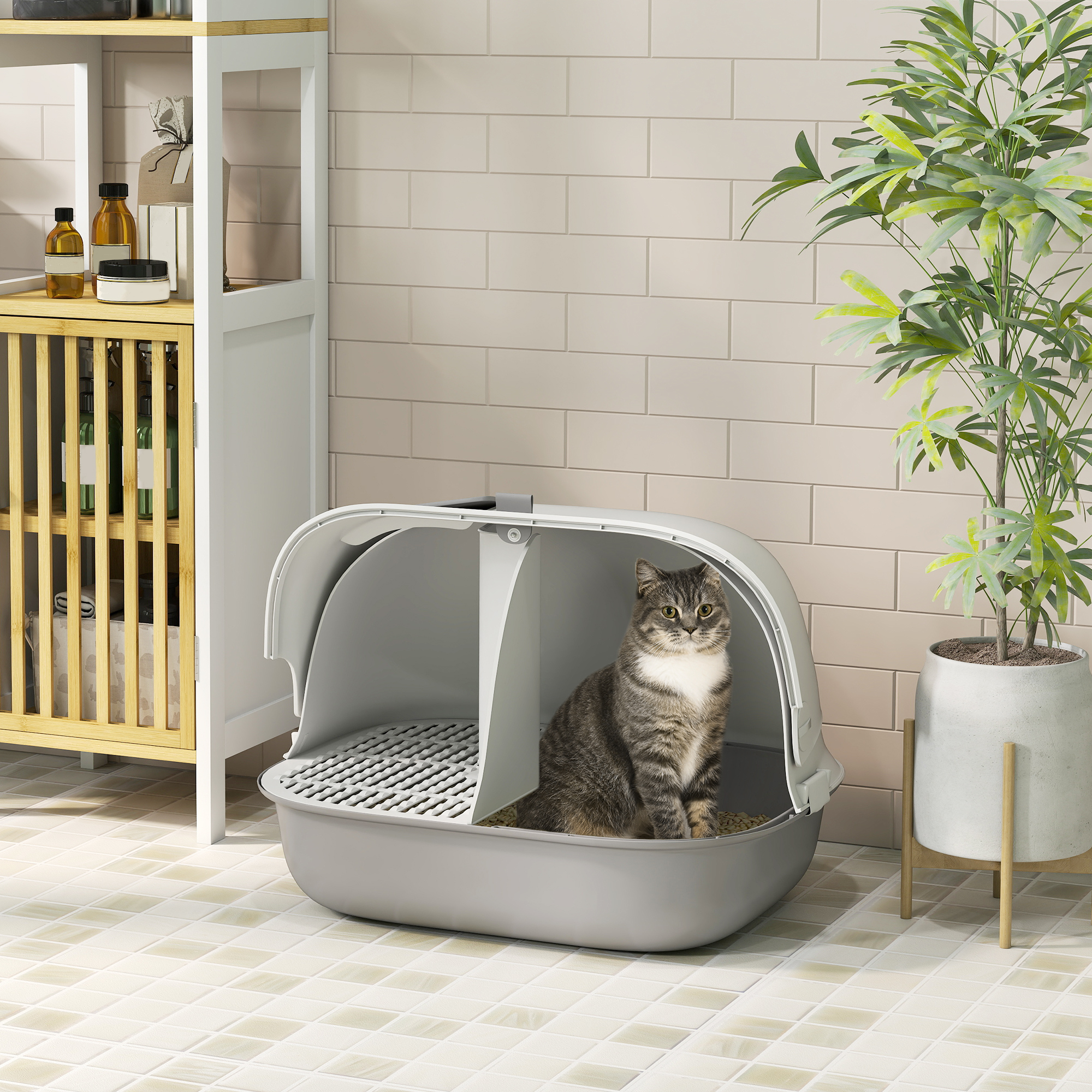 PawHut Katzentoilette mit Deckel, Katzenklo mit internem Kanal, Tür, Schaufel, leicht zu reinigen, Kunststoff, Hellgrau