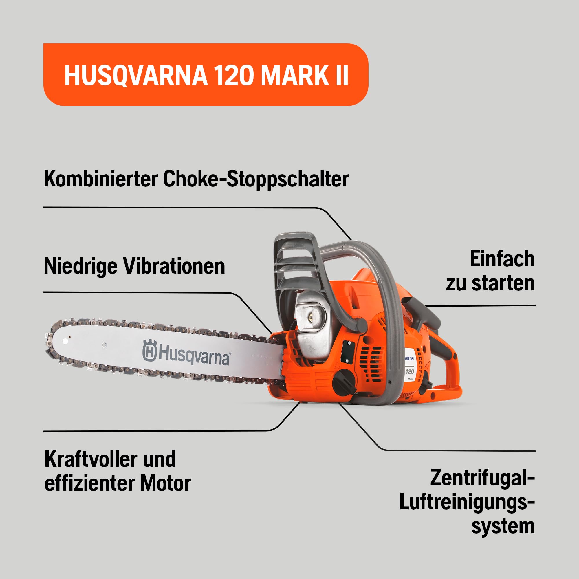 Benzin-Kettensäge 120 Mark II mit 38,2-ccm-X-Torq-Motor, 1,4 kW und 14-Zoll-Schiene sowie H37 Kette