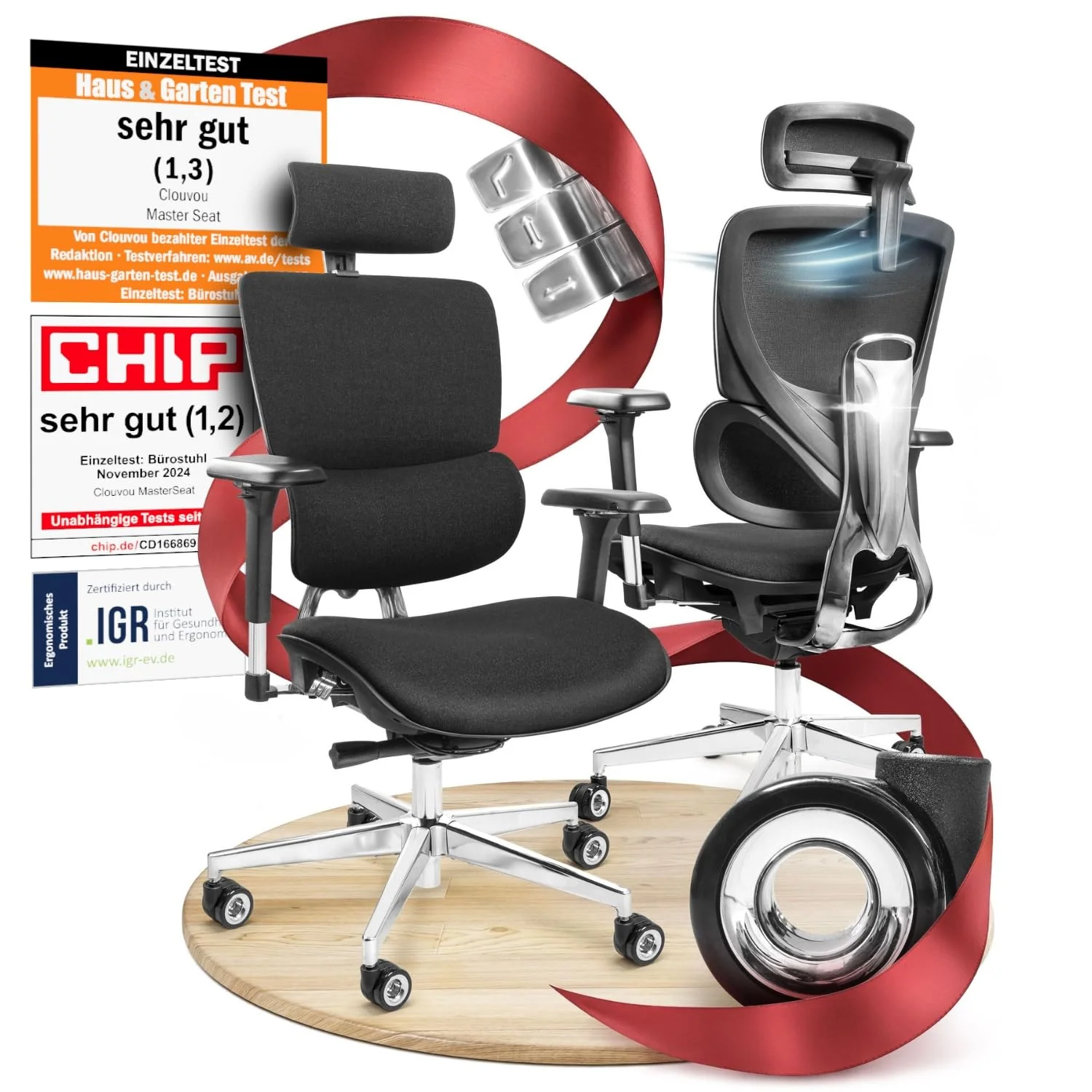 CLOUVOU Ergonomischer Bürostuhl mit verstellbaren Armlehnen und Kopfstütze