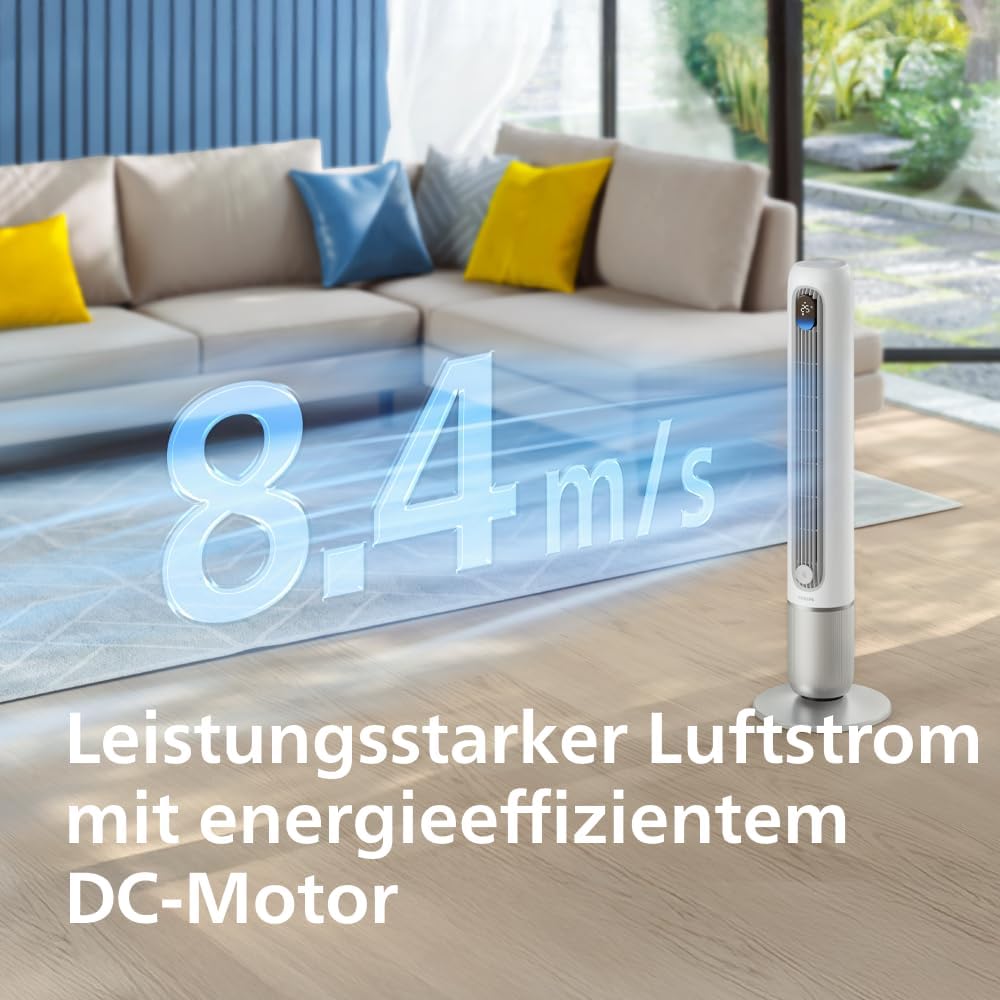 Philips Smarter Turmventilator 7000 Series – 8,4 m/s stark, ultraleise 22 dB, energieeffizient, App & Fernbedienung, Wlan, 12 Stufen, Schlafmodus, Temp‑Anzeige, 12‑h Timer, 80° Oszillation (CX7550/00)