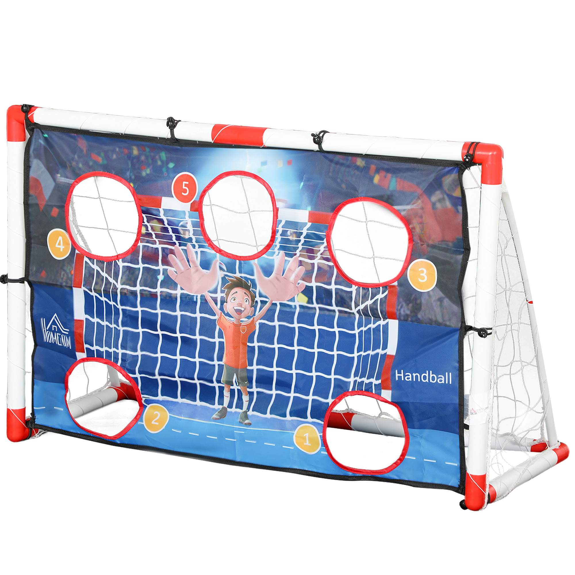 HOMCOM Kinder-Handballtor im Freien, Tor mit 5 Zielzonen, aufblasbarer Handball, Pumpe, 116 x 48 x 76 cm Weiß