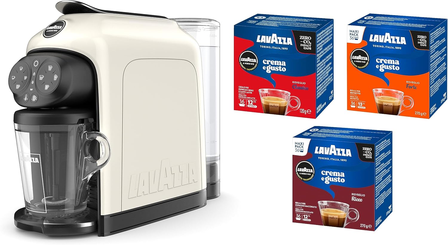 Lavazza, A Modo Mio Kaffeemaschine Deséa White Cream mit 88 Kapseln Crema und Geschmack sortiert, Espresso 1500 W, 220-240 V, 50/60 Hz, Kapazität max. 10 Kapseln und 1,1 Liter Wasser