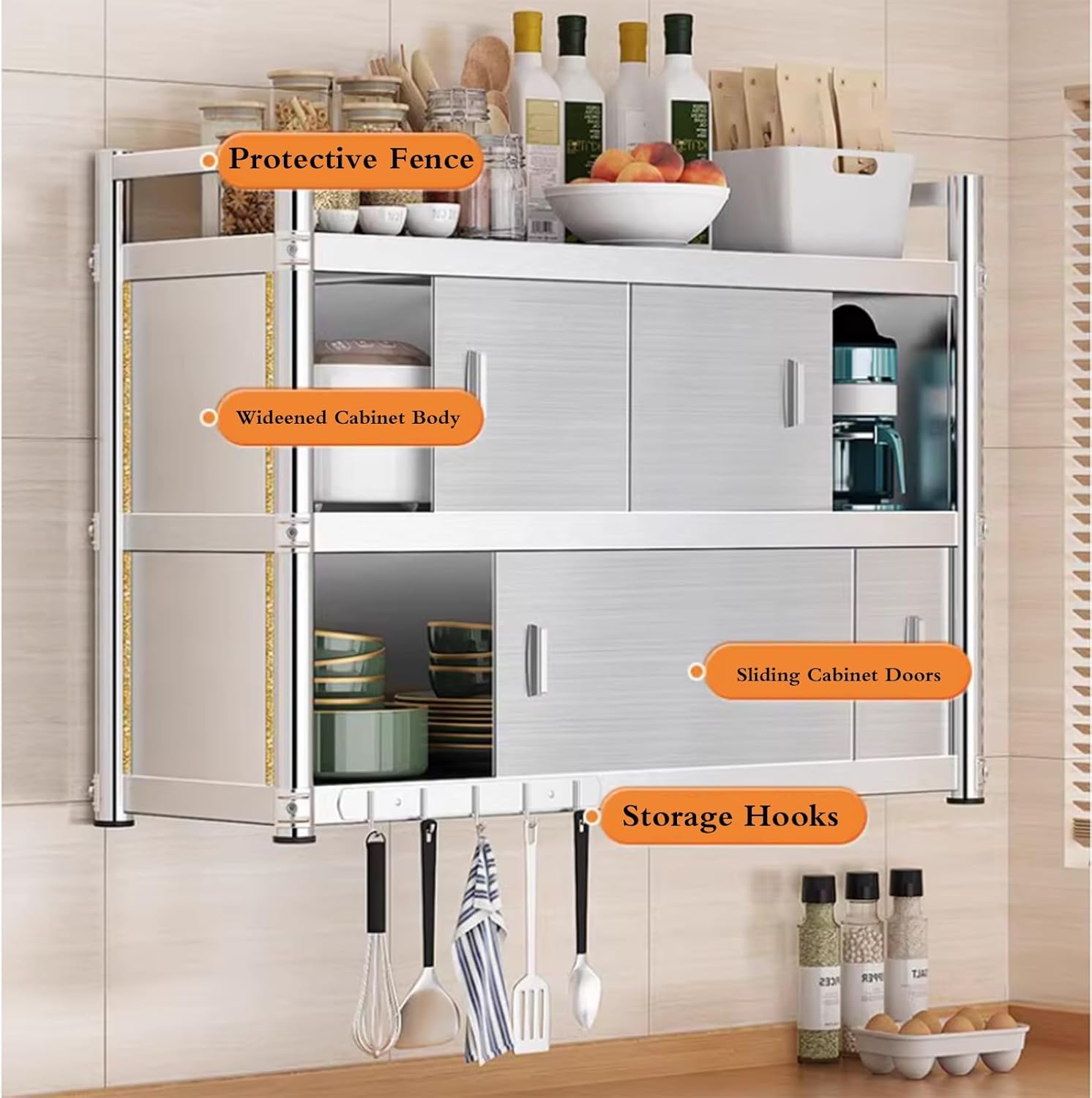pensile Portaspezie Da Parete 3 Ripiani In Acciaio Inox Per Cucina Mobiletto Parete Con Ante Scorrevoli Mensola Organizer Per Camera Da Letto Bagno Grande Capacità Facile Da Pulire(90*30*90cm)