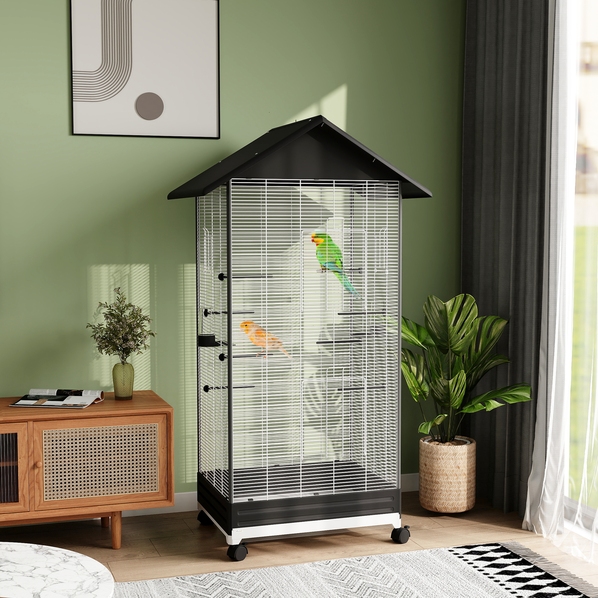 PawHut Vogelkäfig auf Rädern freistehende Innen-Voliere 2 Futternäpfe 8 Sitzstangen 79 x 65 x 155 cm Stahldraht schwarz