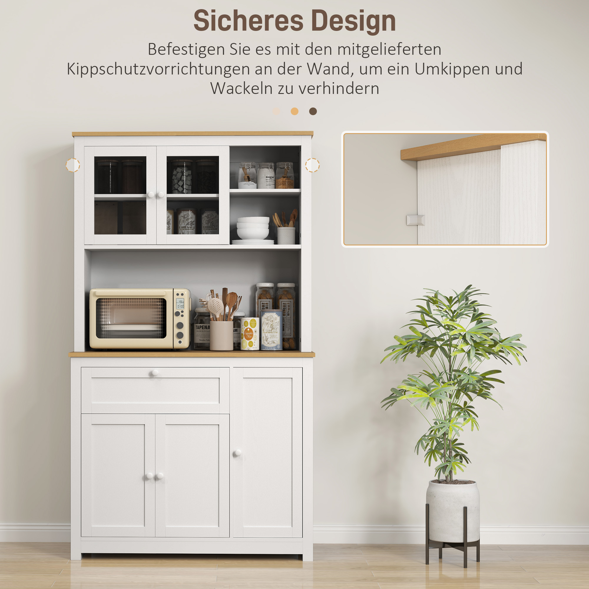 Landhuisstijl Keukenkast, 1 Vitrine, 1 Open Schap, 1 Lade, 2 Kasten, Natuur + Wit