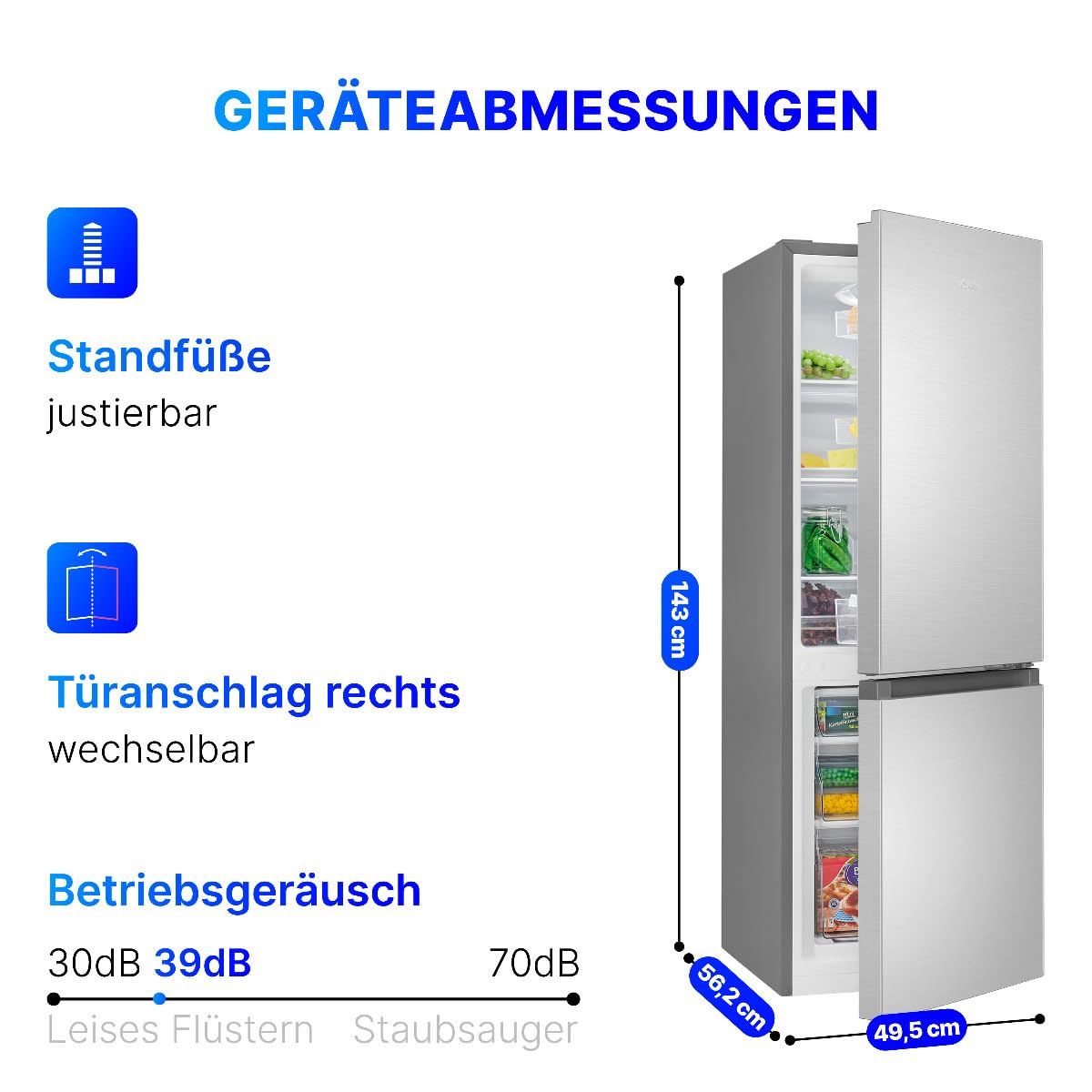 Kühlgefrierkombination KG 322.1 175 Liter Energieeffizienzklasse D 143 cm Inox 3 Glasablagen 3 Gefrierschubladen 39 dB wechselbarer Türanschlag