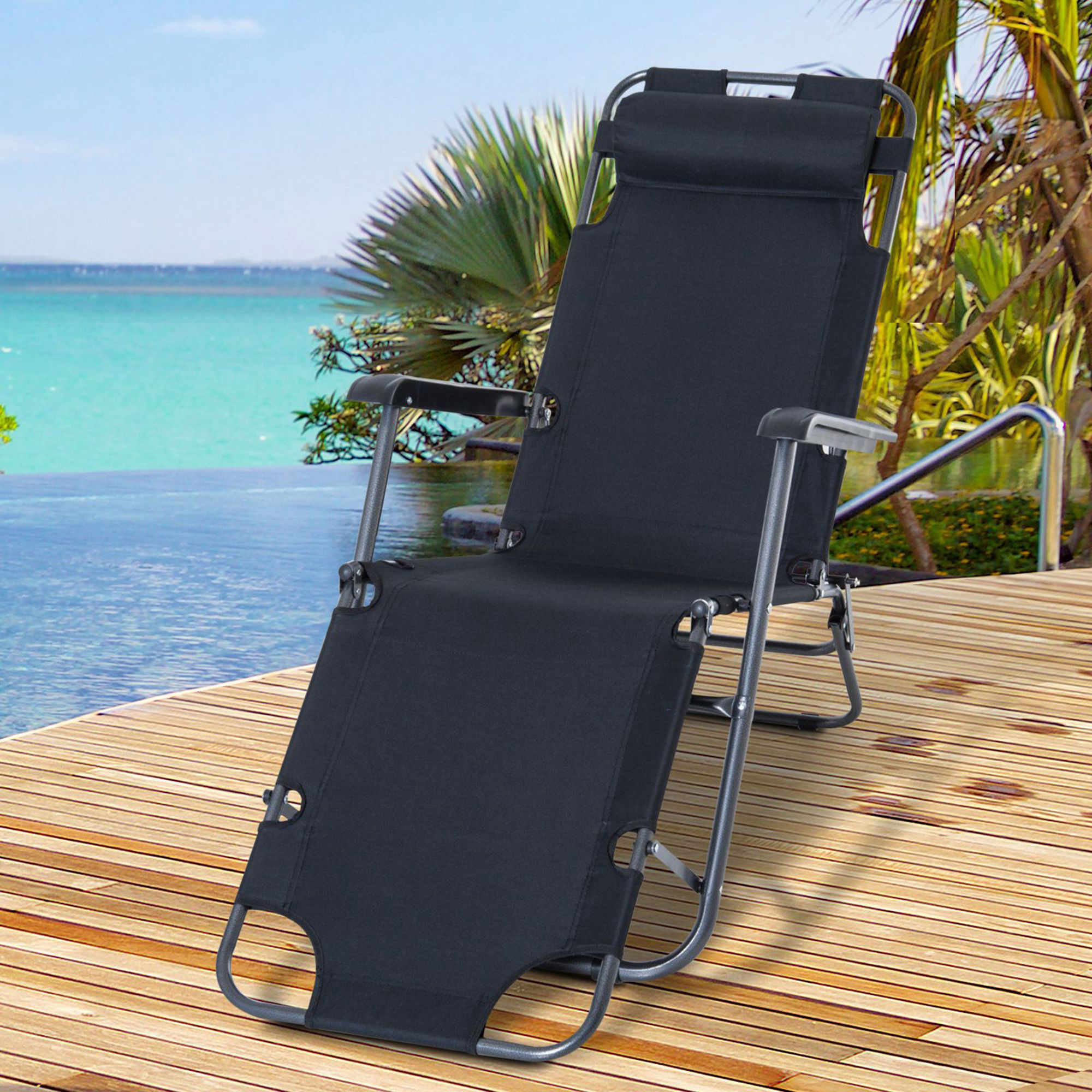 Outsunny Sonnenliege mit Kissen, Klappbare Strandliege mit 2-Fach verstellbare Rückenlehne Gartenliege, 2-in-1 Relaxliege, Metall + Oxfordstoff, Schwarz 135 x 60 x 89 cm