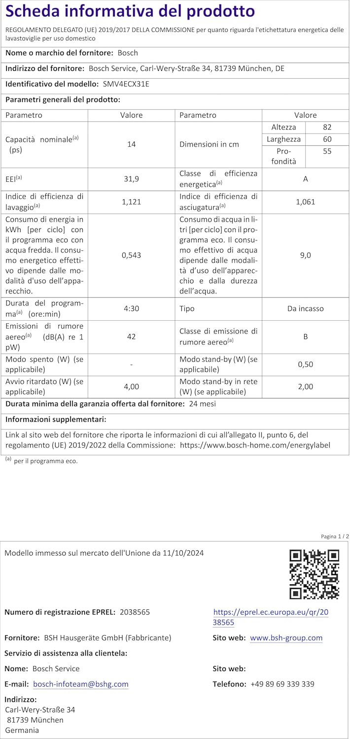 Bosch Elettrodomestici SMV2HVX02E Serie 2, Lavastoviglie da incasso a scomparsa totale, Home Connect, Diagnostica da remoto, Assistente al lavaggio, Programma Preferito, InfoLight, 3 cestello, 60 cm