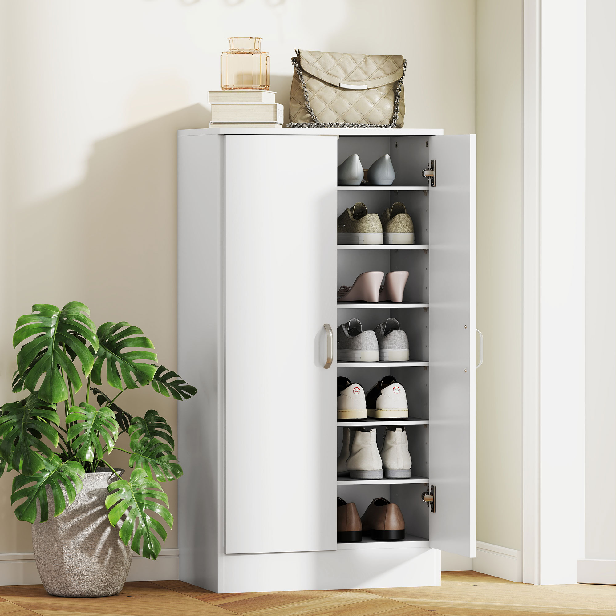 HOMCOM Schuhschrank mit Soft-Close-Scharnieren, verstellbare Regale, 6-stufiges Schuhregal für Flur, Eingangsbereich, für 14 Paare, 55 x 35 x 108 cm, Holz, Weiß