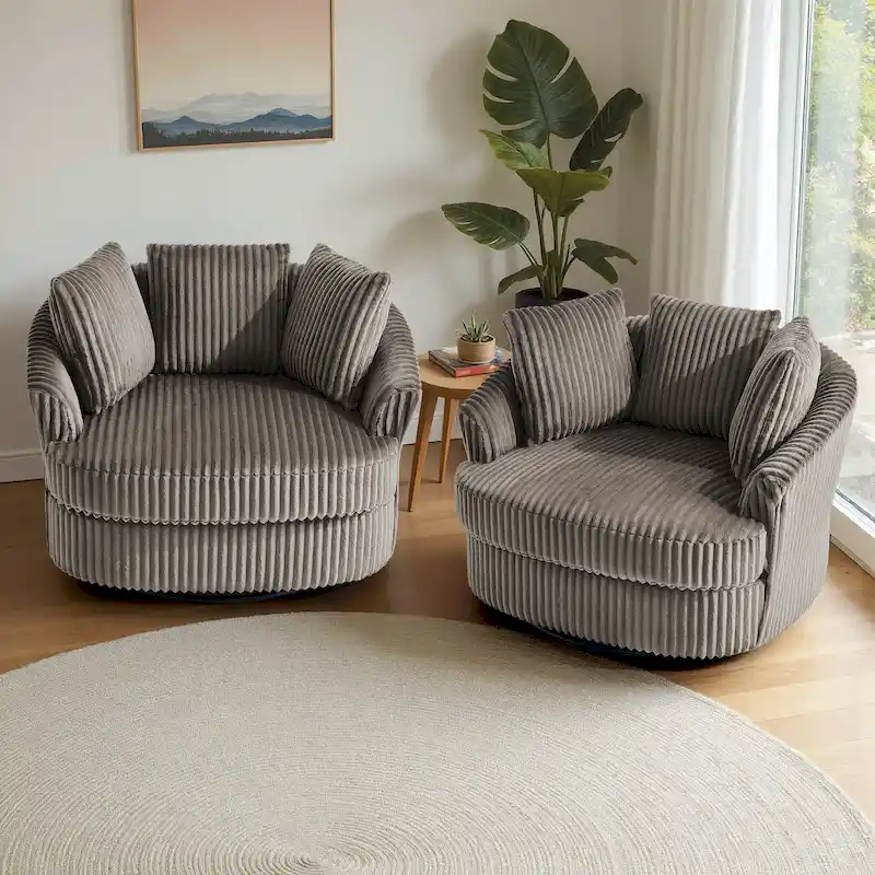 2 Set Oversized 43 W Plush Corduroy Swivel Barrel Chair with Pillows
