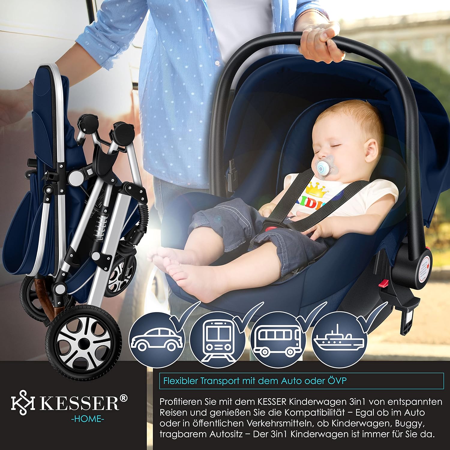 KESSER® Loops 3 in 1 Kinderwagen Kombikinderwagen Komplett-Set inkl. Babywanne & Buggy Sportsitz & Auto-Babyschale Voll-Gummireifen Wickeltasche Regenschutz Kindertisch ECE R129, Schwarz/Schwarz