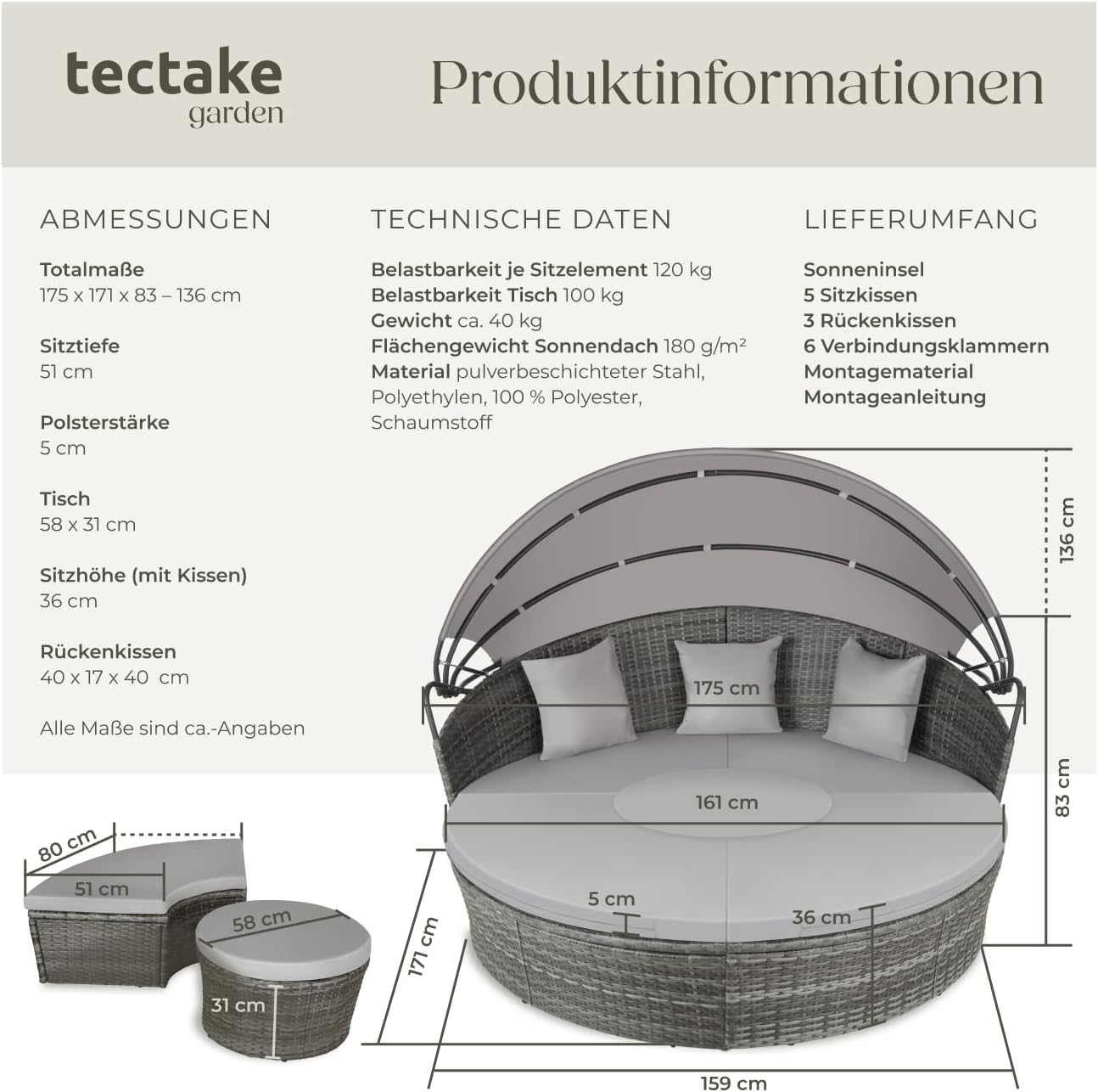 tectake® Lounge Muschel Sonneninsel Outdoor wetterfest, Gartenmuschel, Sonnenliege 2 Personen und mehr, multifunktionales Terrasse oder Balkon Möbel, Gartenliege wetterfest - grau