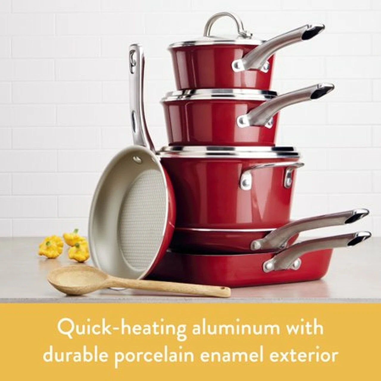 Ayesha Curry 10-Piece Porcelain Enamel Nonstick Pots and Pans Set/Cookware Set, Sienna Red