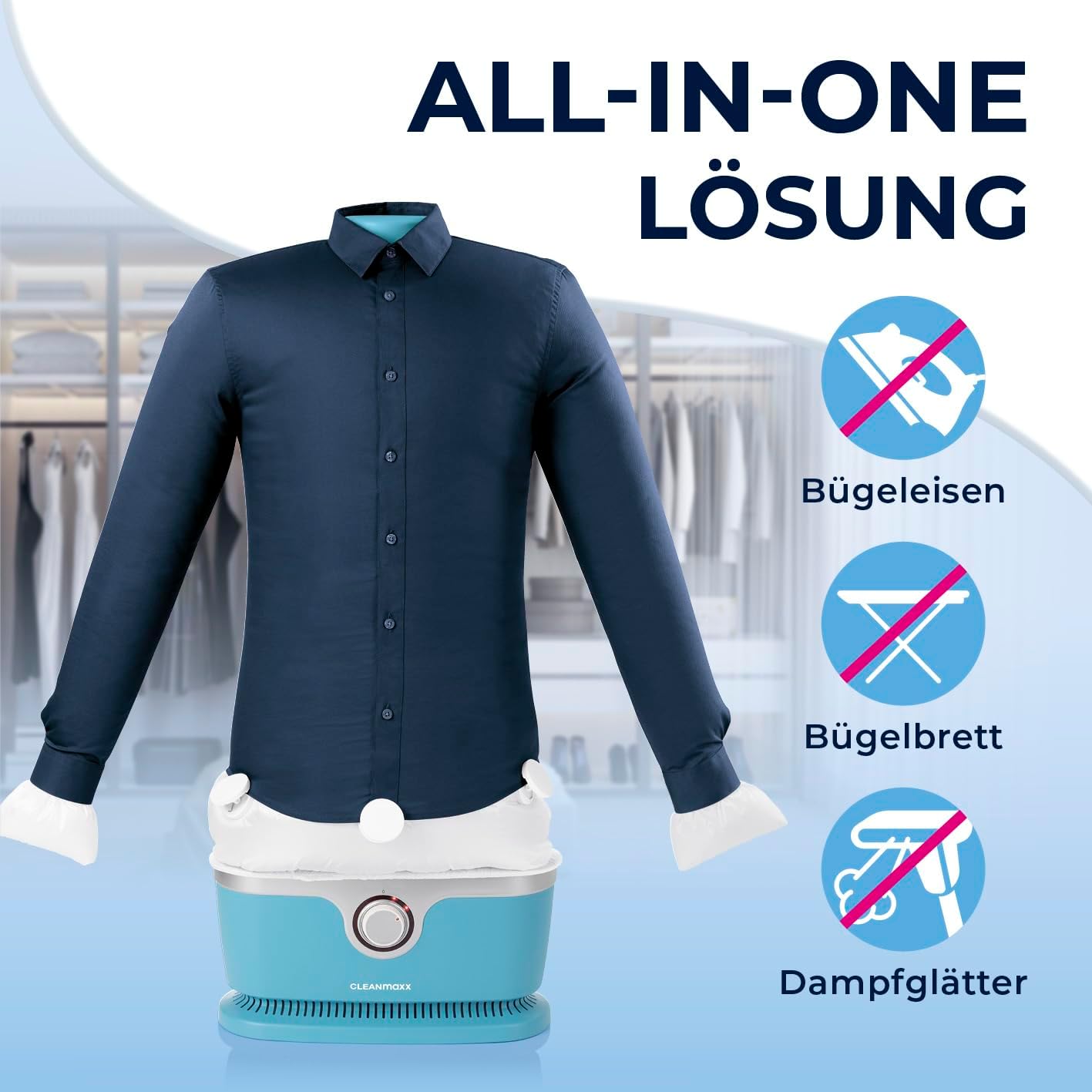 CLEANmaxx Automatischer Hemden-Bügler zum Trocknen und Gltten von Hemden & Blusen inklusive Aufsatz für Hosen | Die innovative und schonende Art, Ihre Wsche zu gltten