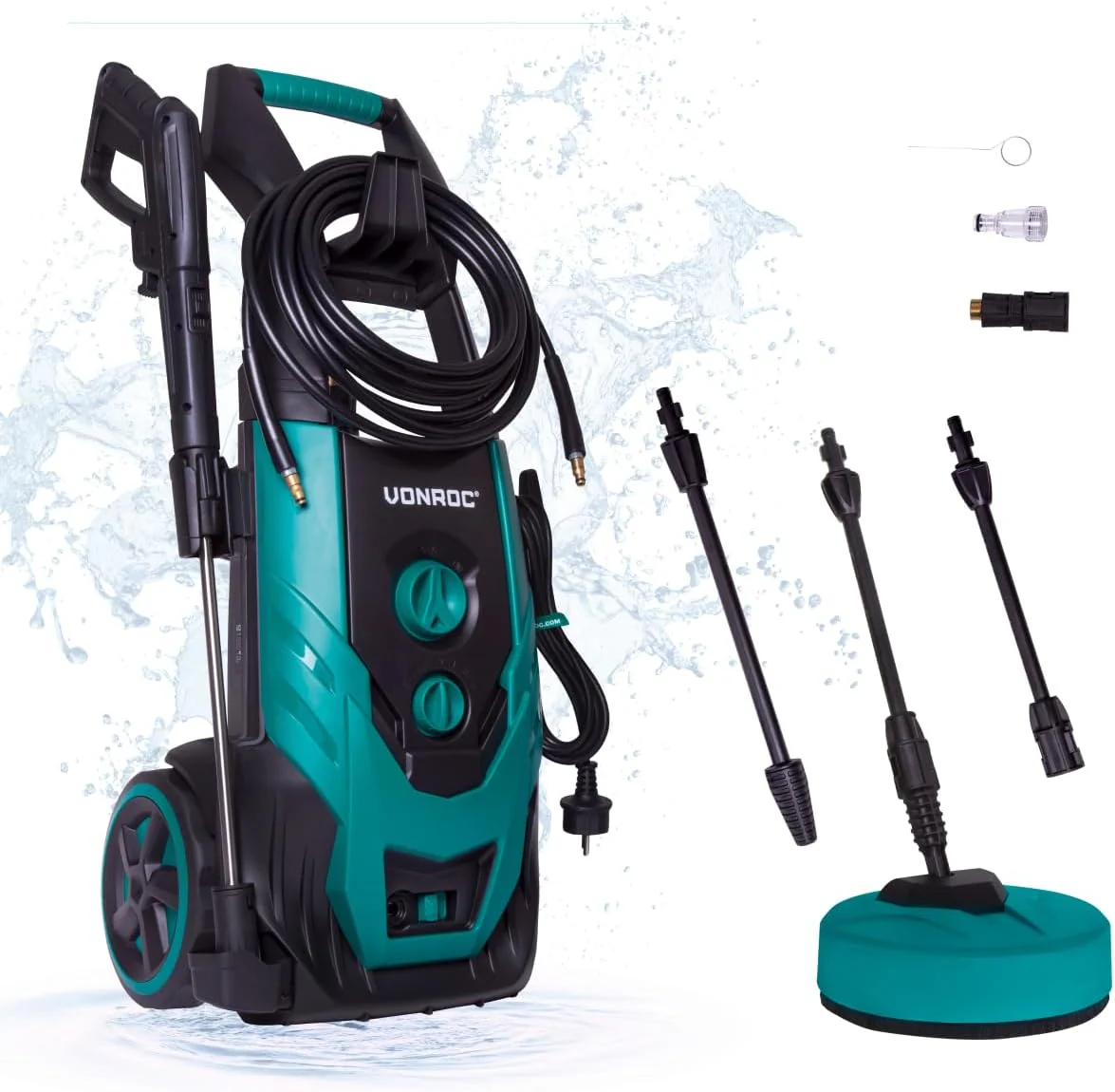 VONROC Professionele hogedrukreiniger 195bar - Gevelreiniger voor zware reinigingswerkzaamheden [2500W] - Hoge wateropbrengst [468 l/u] Reinigingstank, Aluminium Pomp - incl. Terrasreiniger
