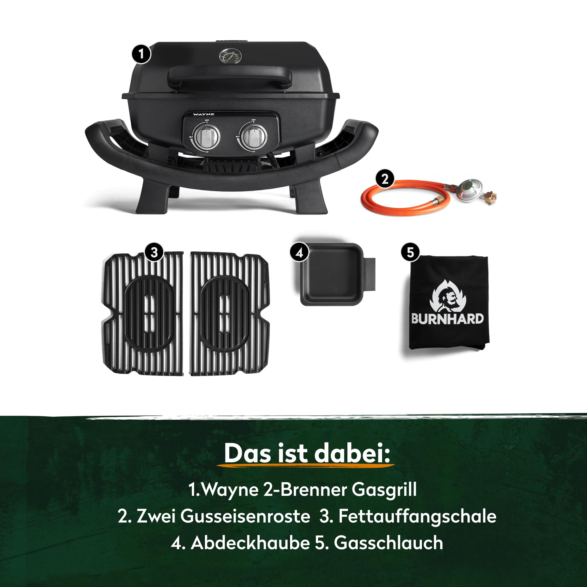 Tragbarer Gasgrill Wayne mit 2 Brennern, 4,4 kW, Aludruckguss, Gusseisenrosten und Abdeckhaube