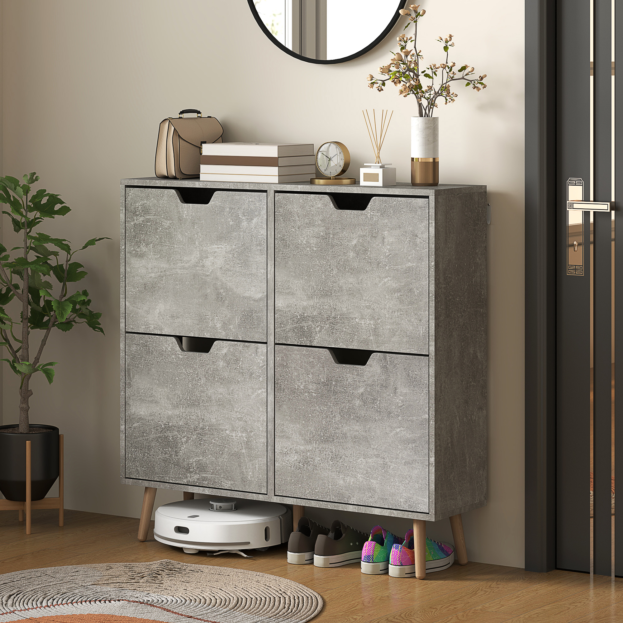 HOMCOM Schuhschrank mit 4 klappbaren Schubladen auf 2 Ebenen für 16 Paar, aus Holz, 95x26x95 cm, Grau
