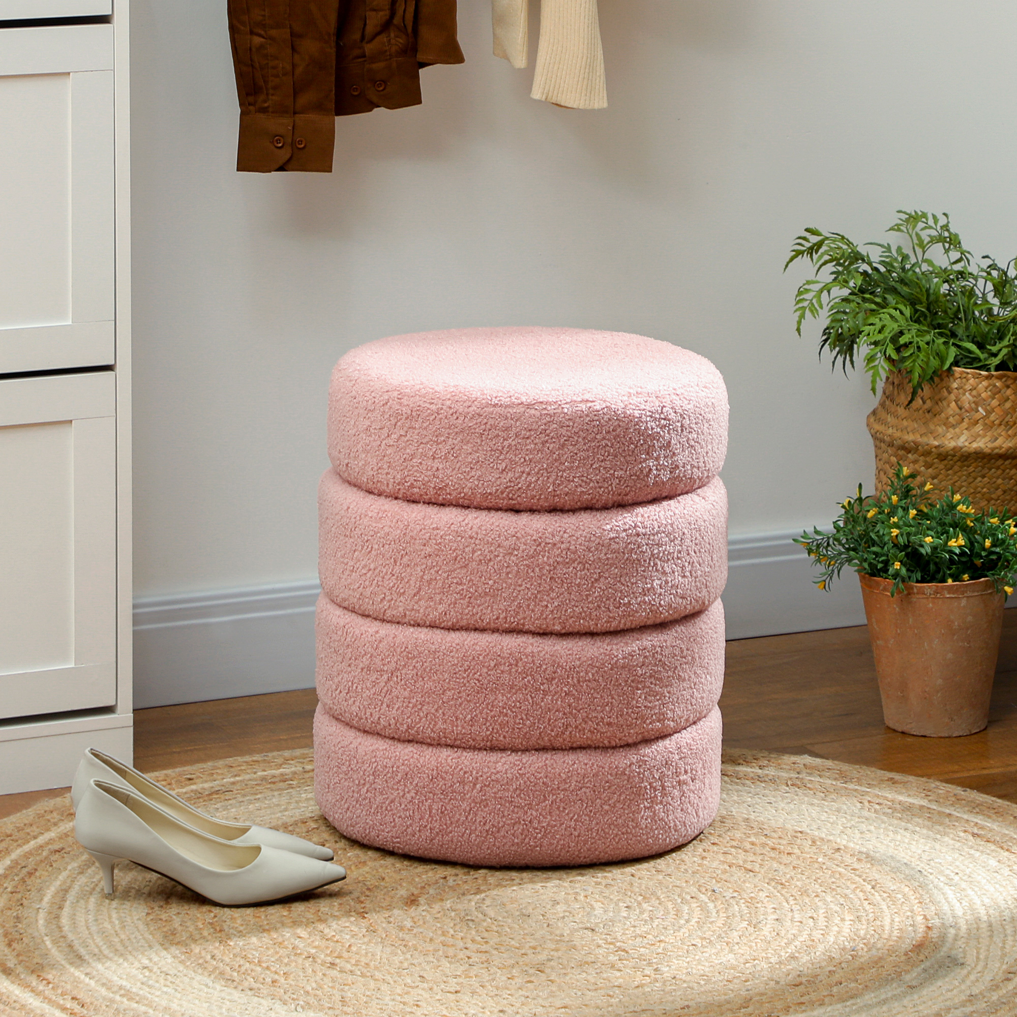 HOMCOM Hocker, rund, Teddyfleece, Metallgestell, bis 120kg, Φ40x45H cm, Rosa