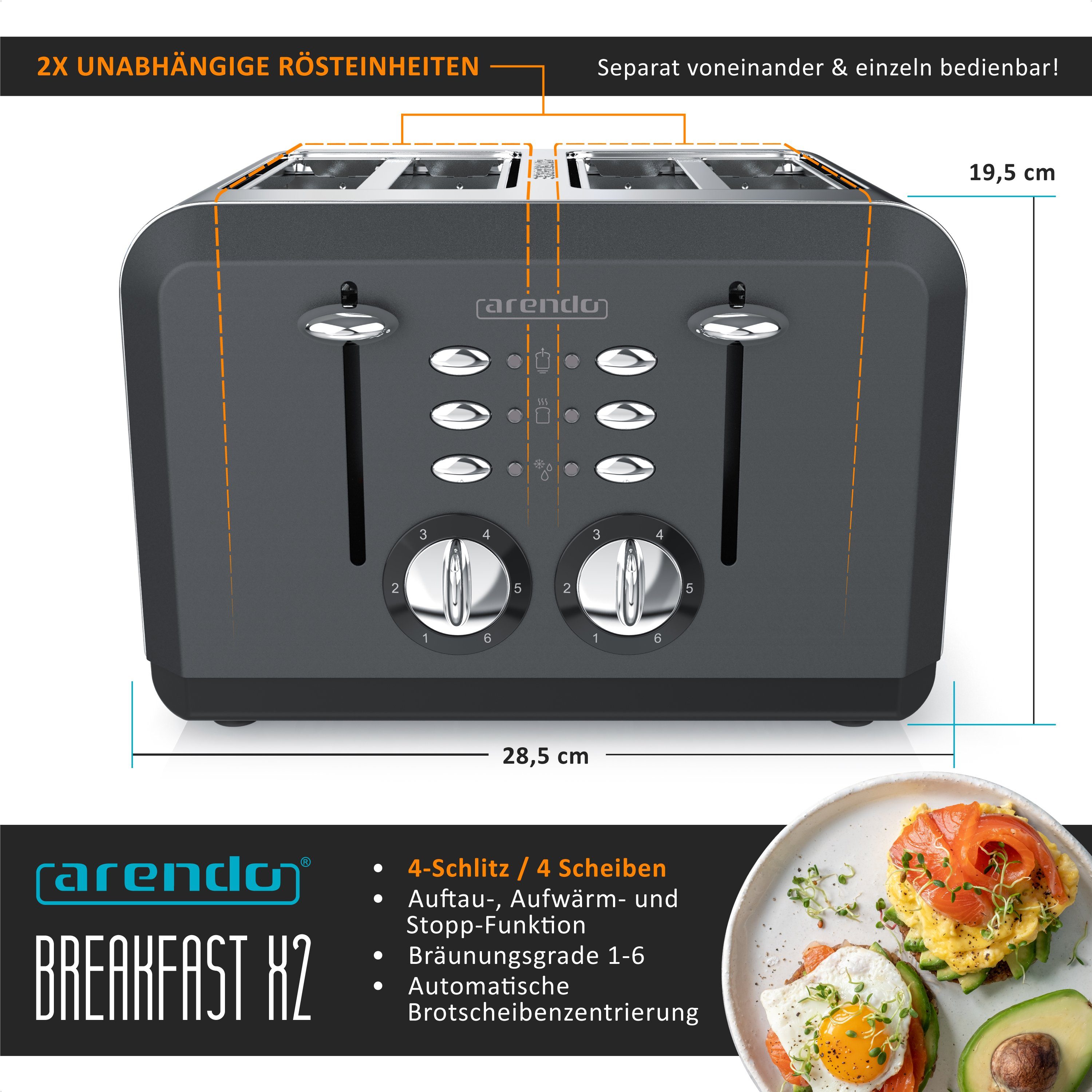 Toaster 4-Scheiben, Automatik, Edelstahl, Wärmeisolierendes Doppelwandgehäuse