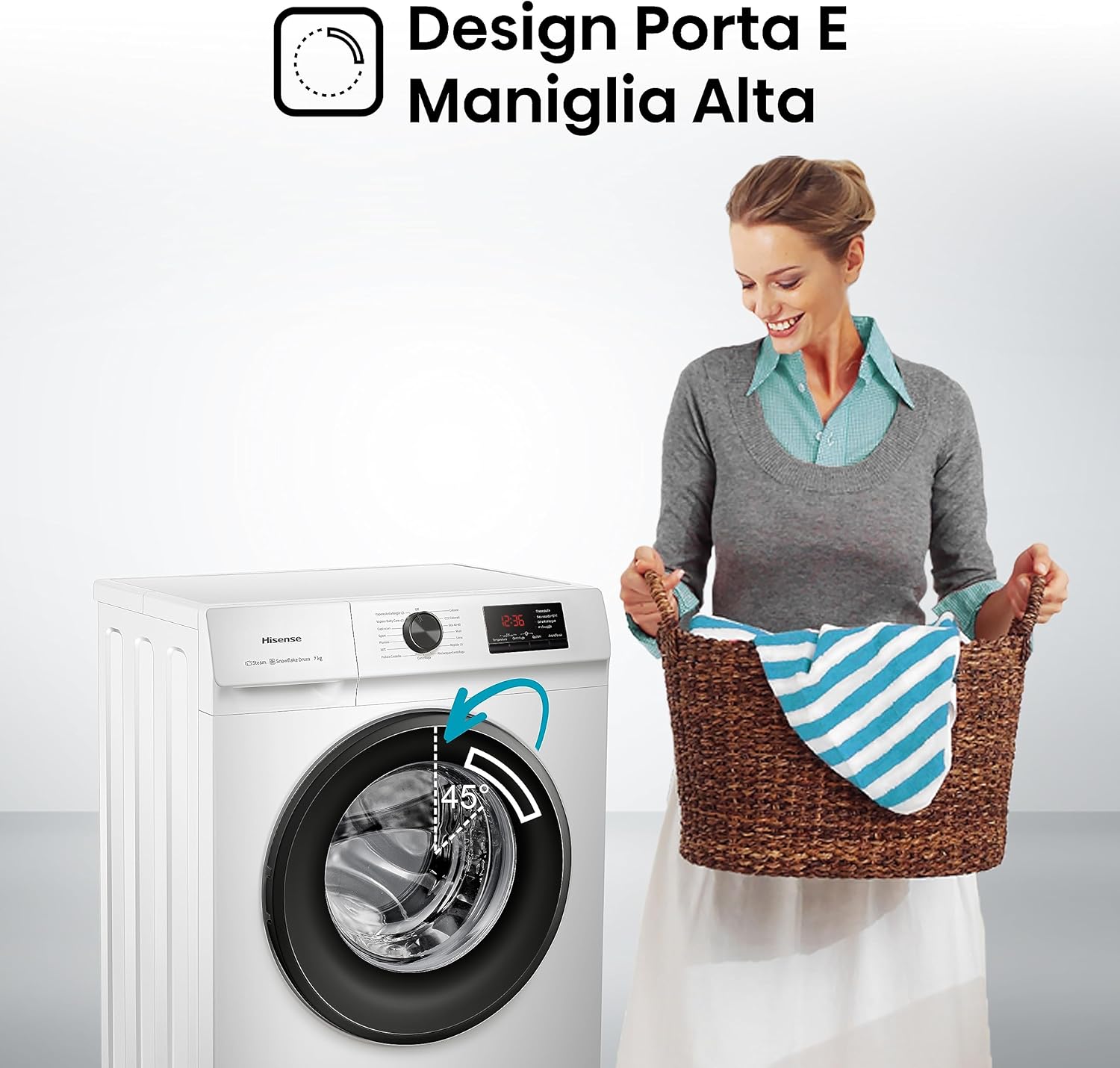 Hisense WFVB7012EM Front Load Washing Machine 7 kg 1200 rpm 15 Programs Steam LED Display Rapid Program Delay Start Child Lock