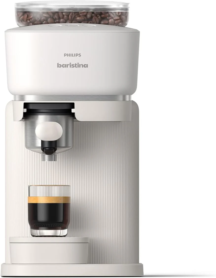 Philips Baristina Espressomaschine - Real Espresso- made simple. Kompakte Kaffeemaschine- Naturwei mit weiem Siebtrger- 16-bar-Pumpendruck- automatisches Mahlwerk- Cafe Crema (BAR300/00)