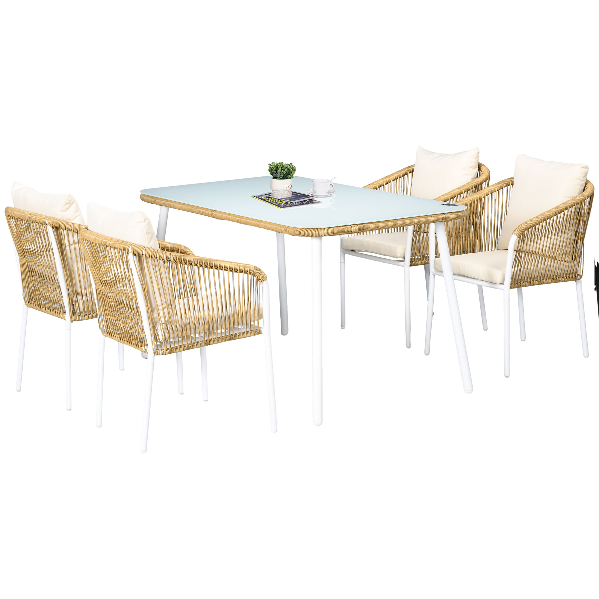 Outsunny Tuinset, 5-delig, Rattanlook, Zit- & Rugkussens, roestvrij Alu-frame, Geel/Wit/Beige