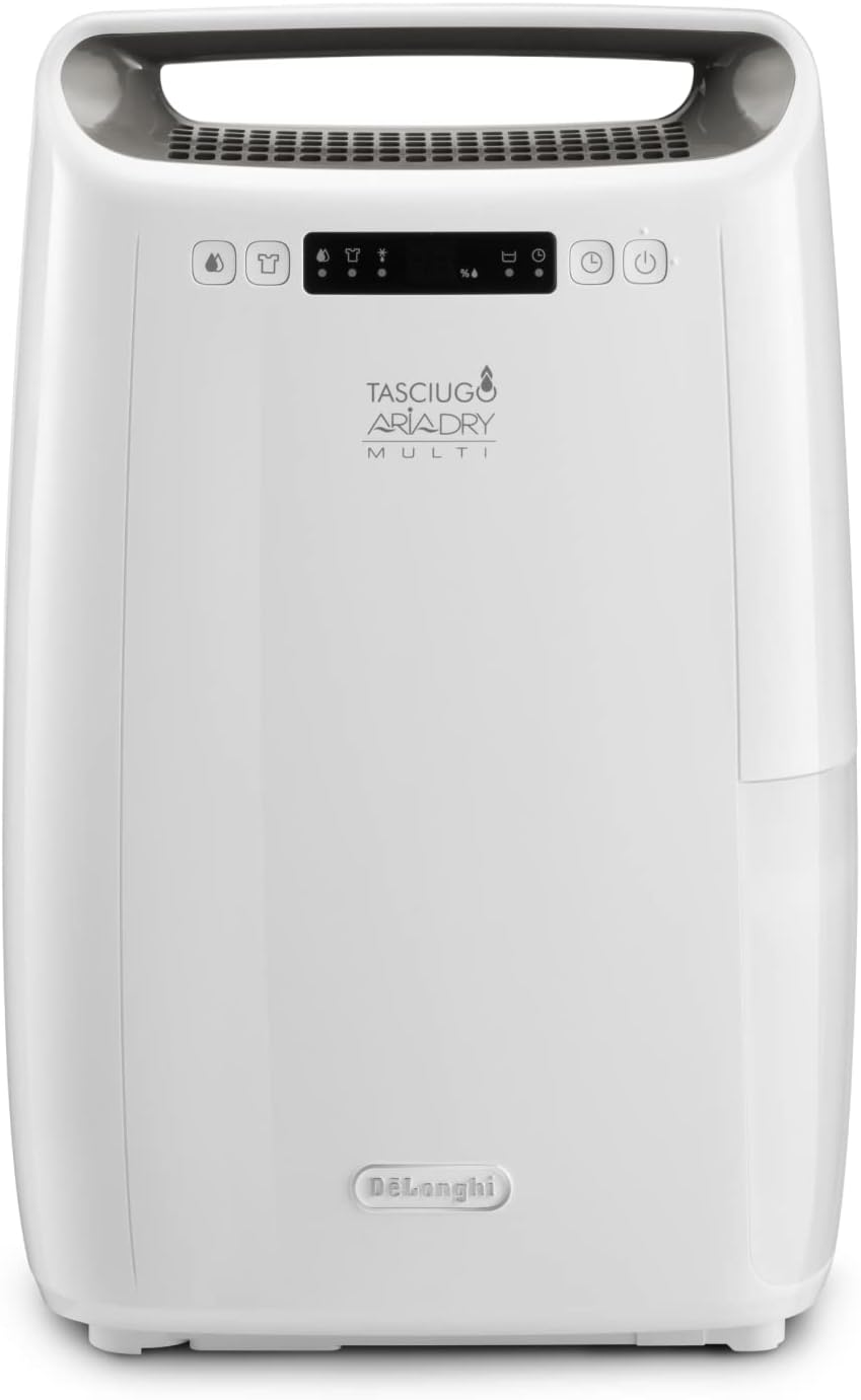 De'Longhi Tasciugo AriaDry Dehumidifier DEX210SF, Portable Dehumidifier with 3 Action Filtration System, Dry Function, 14L/Day Humidification, R290, Removable Tank, White