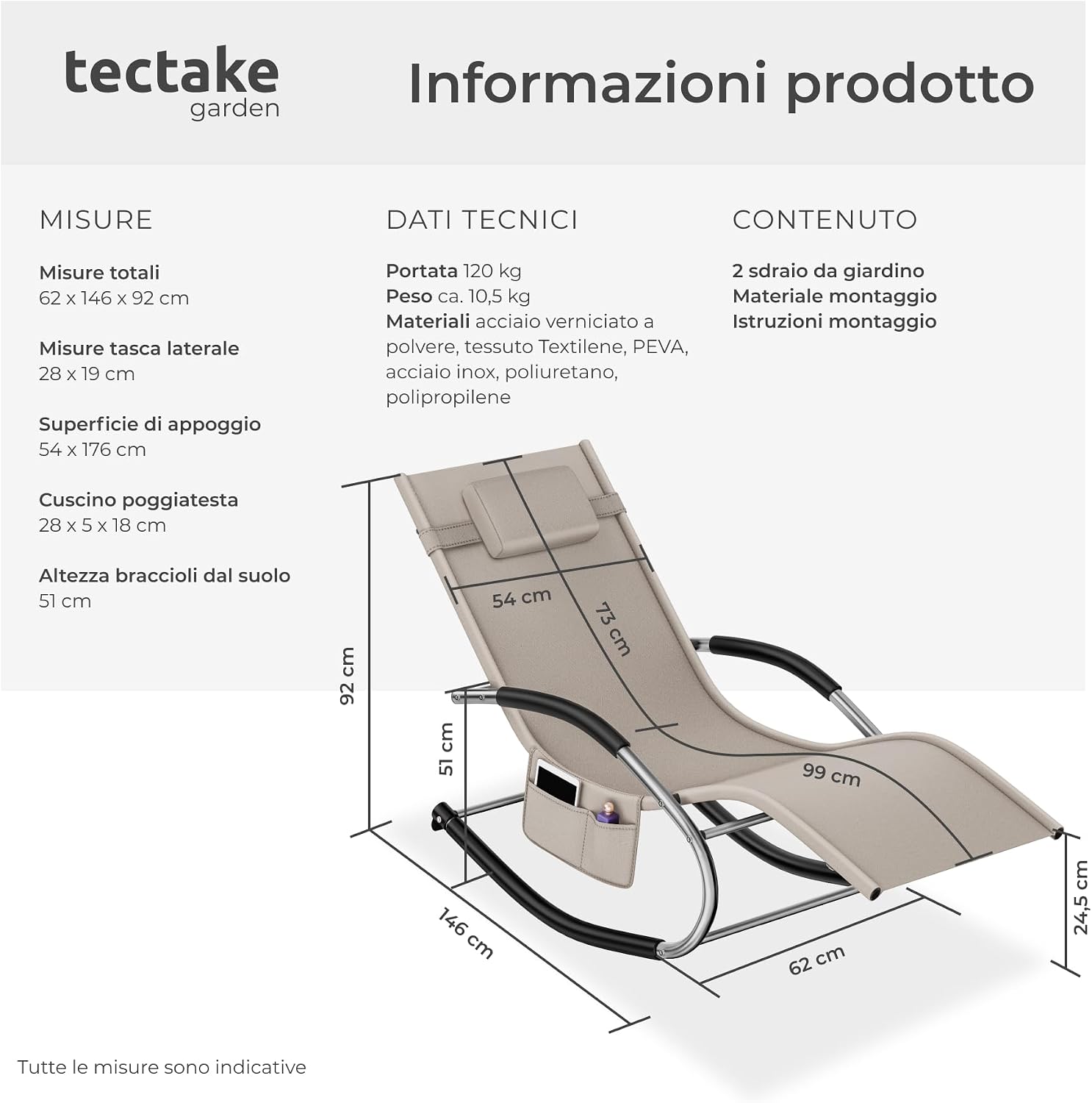 tectake® Set da 2 Sedie a dondolo, Lettino prendisole a Dondolo da giardino, Sdraio da Giardino, Cuscino Rimovibile, Telaio in Acciaio, Braccioli Imbottiti, tessuto Traspirante Idrorepellente - Beige