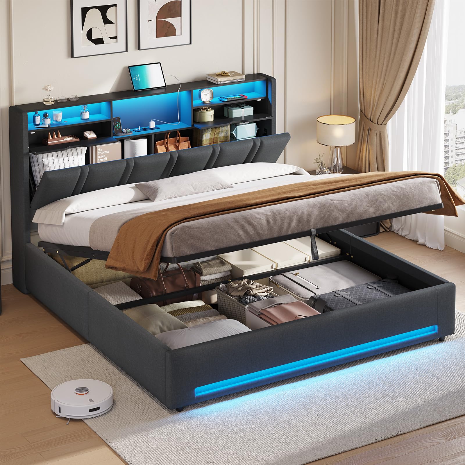 Polsterbett 180x200 cm mit LED-Beleuchtung, Bettkasten und USB-C-Ladestation inkl. Lattenrost