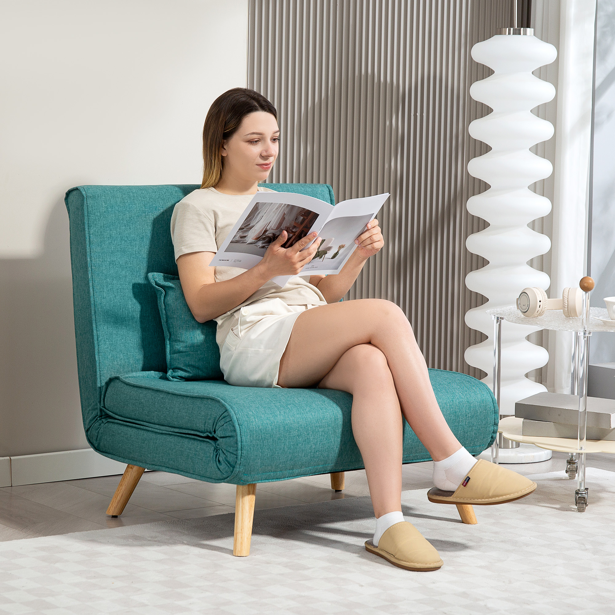 HOMCOM Einzelsessel Schlafcouch Klick-Klack 4 in 1 mit verstellbarer Rückenlehne in 5 Positionen, inkl. Kissen, Grün