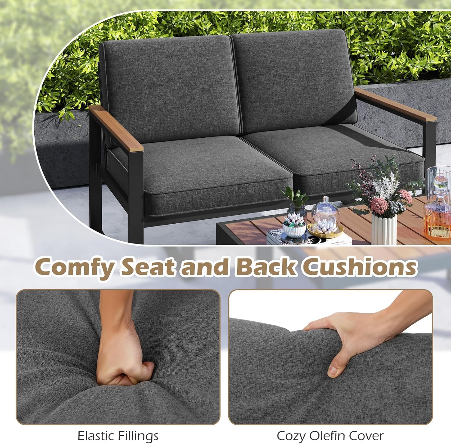 GIANTEX Set di mobili da giardino da balcone, resistente alle intemperie, con telaio in alluminio, set da 2 posti, divano e tavolino da caffè, con cuscino, set da balcone per 2 persone, set da