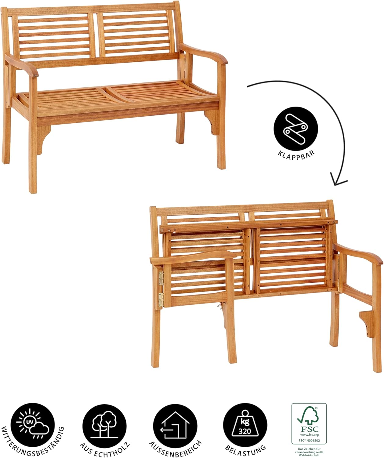 Dehner Klappbank Douglas, 2-Sitzer, ca. 119 x 62 x 90 cm, aus FSC® - zertifiziertem Akazienholz, natur
