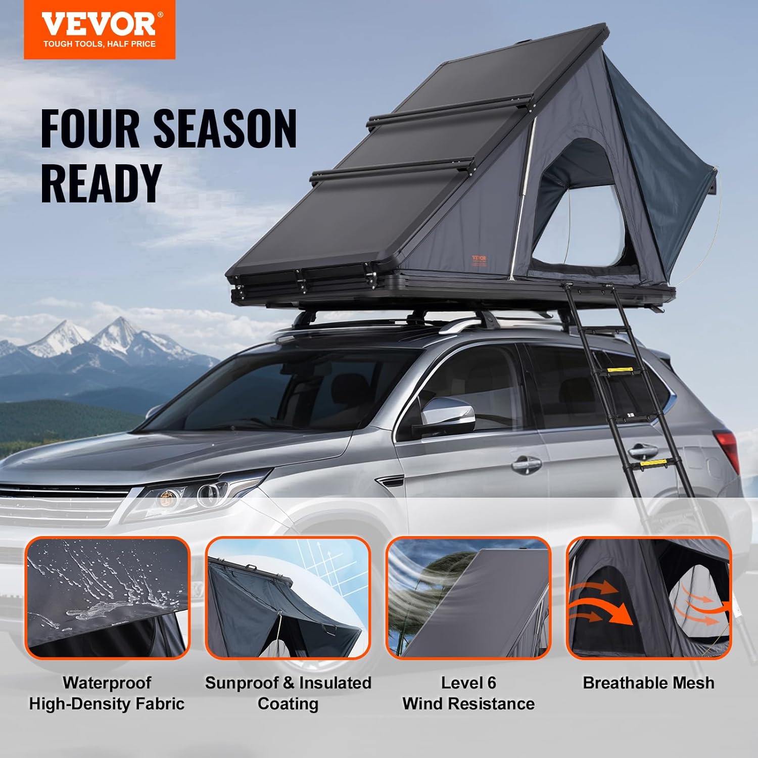 VEVOR Tenda da tetto rigida con guscio rigido, per 2-3 persone, con scala telescopica, materasso spesso, impermeabile e antivento, per Jeep, SUV, furgone, pick-up