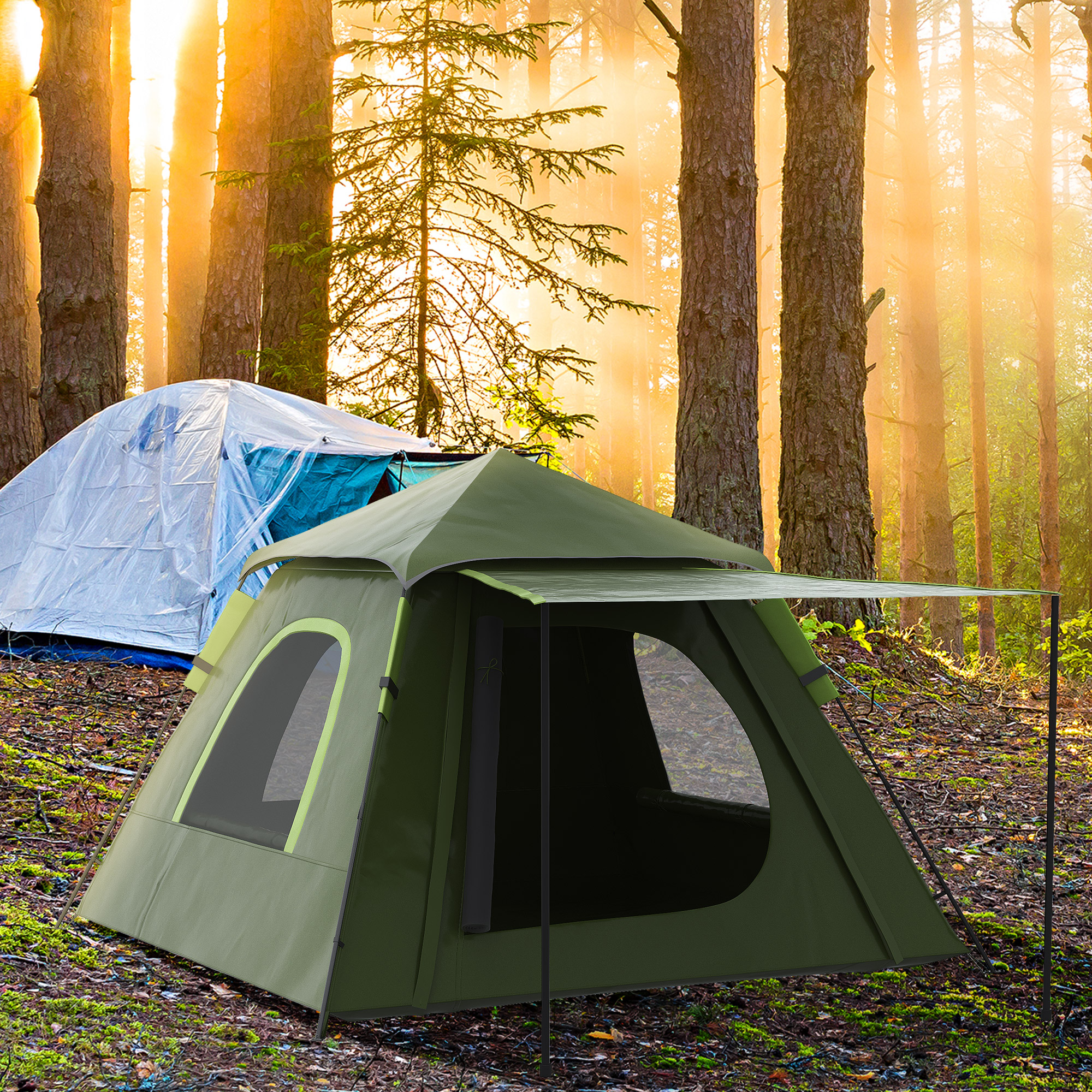 Outsunny Campingzelt 2 Personen mit Veranda, Fenstern und Reißverschlusstür, 210x210x150 cm, Grün