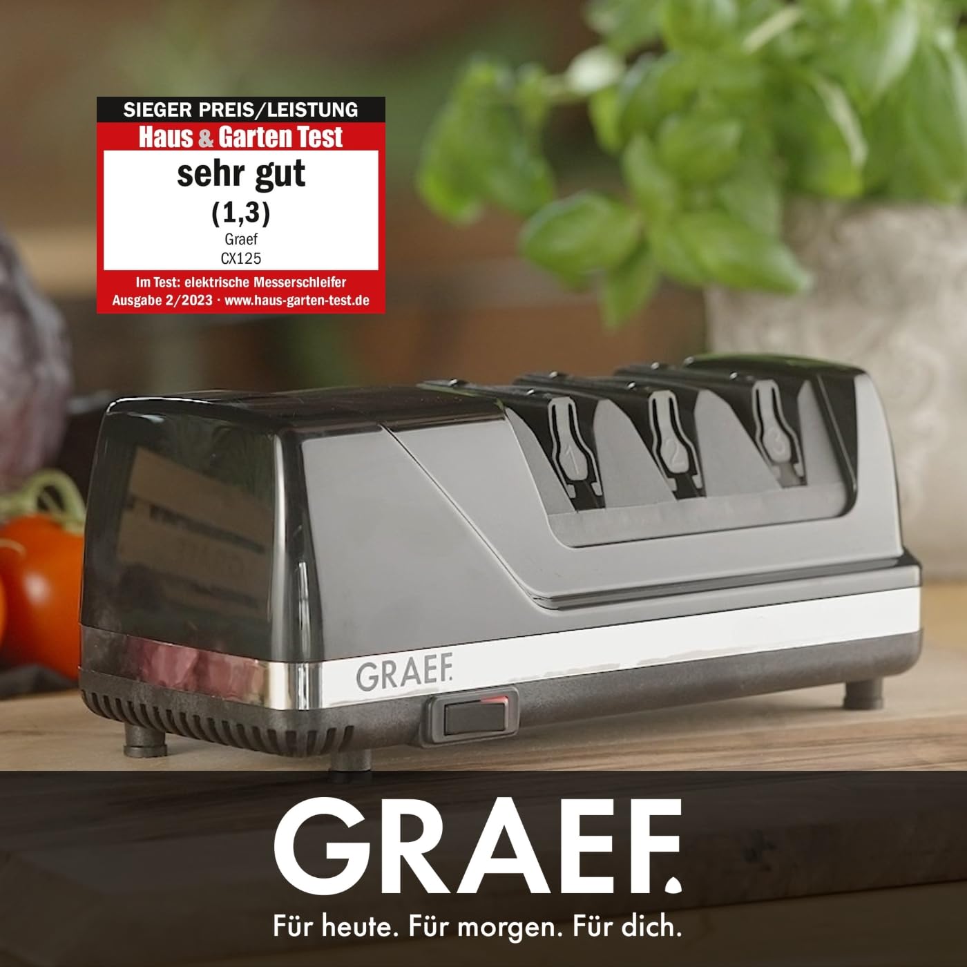 GRAEF CX125 Messerschärfer elektrisch 3 Stufen 15 Grad Diamantbeschichtung Küchen Wellenschliffmesser Schwarz