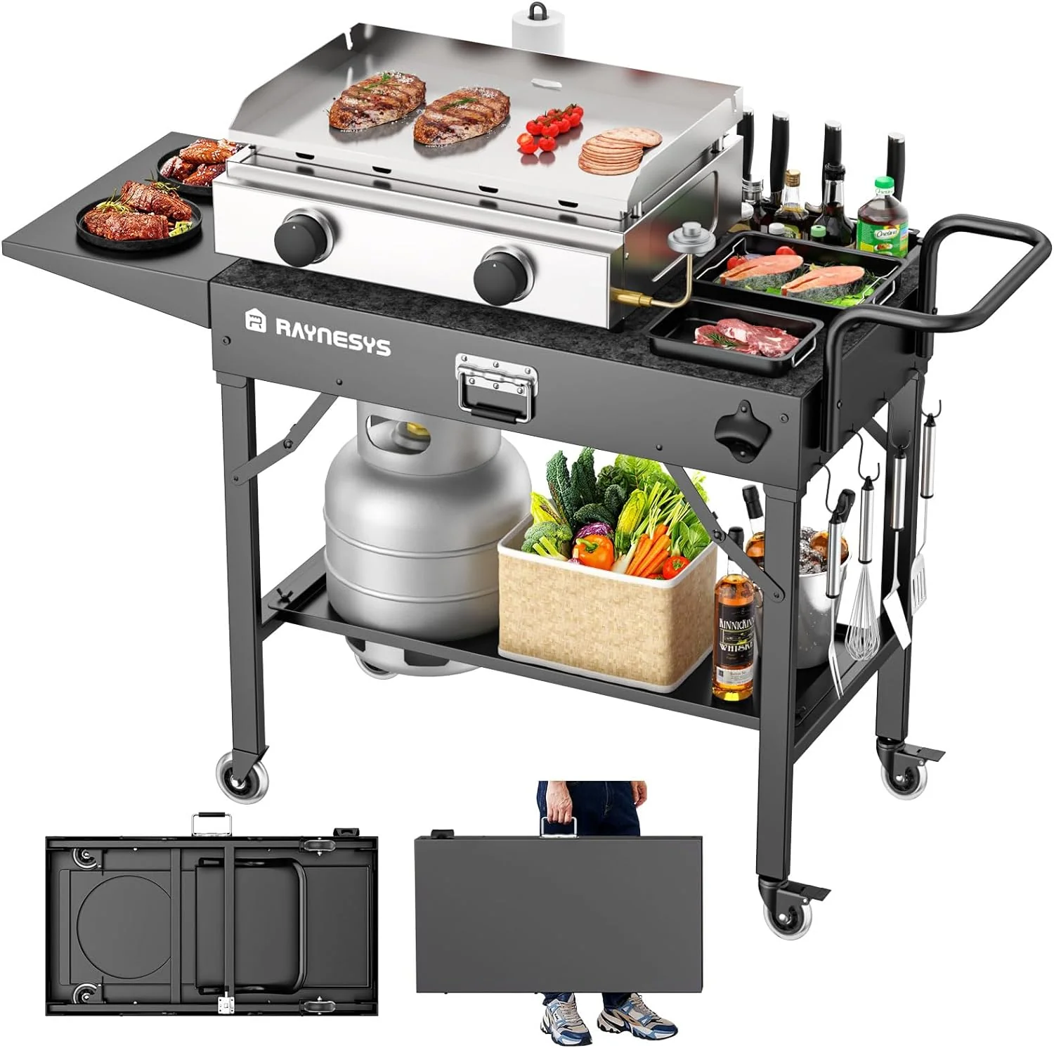 Folding Outdoor Grill Table with Wheels, 31" W x 17" D (Black)