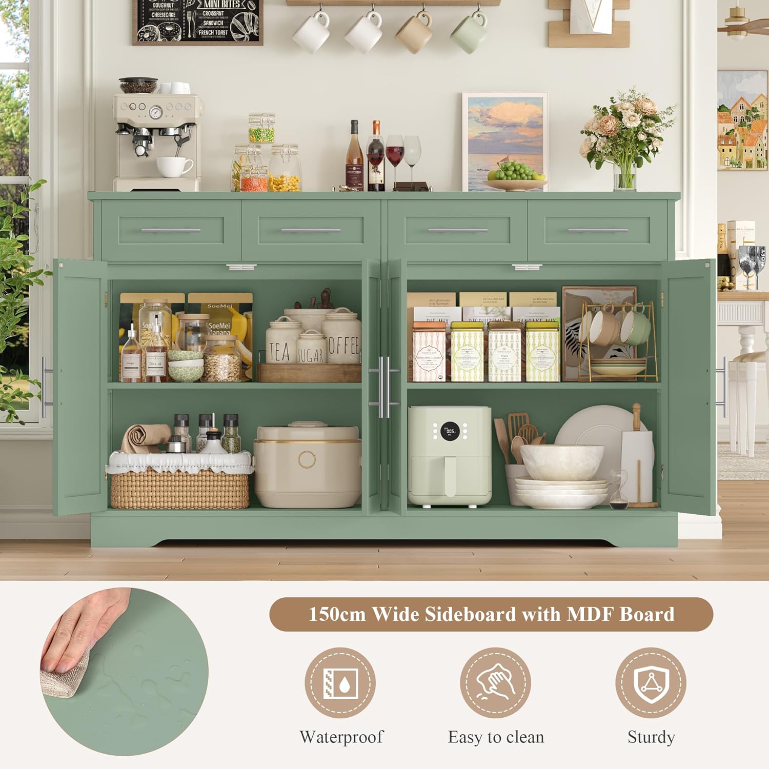 HOCSOK Credenza Cucina, 150 cm Madia Cucina con 4 Cassetti 4 Ante, Credenza Soggiorno con Maniglie in Metallo per Soggiorno, sala da pranzo, Ingresso, Mobile TV, 150×92×40 cm
