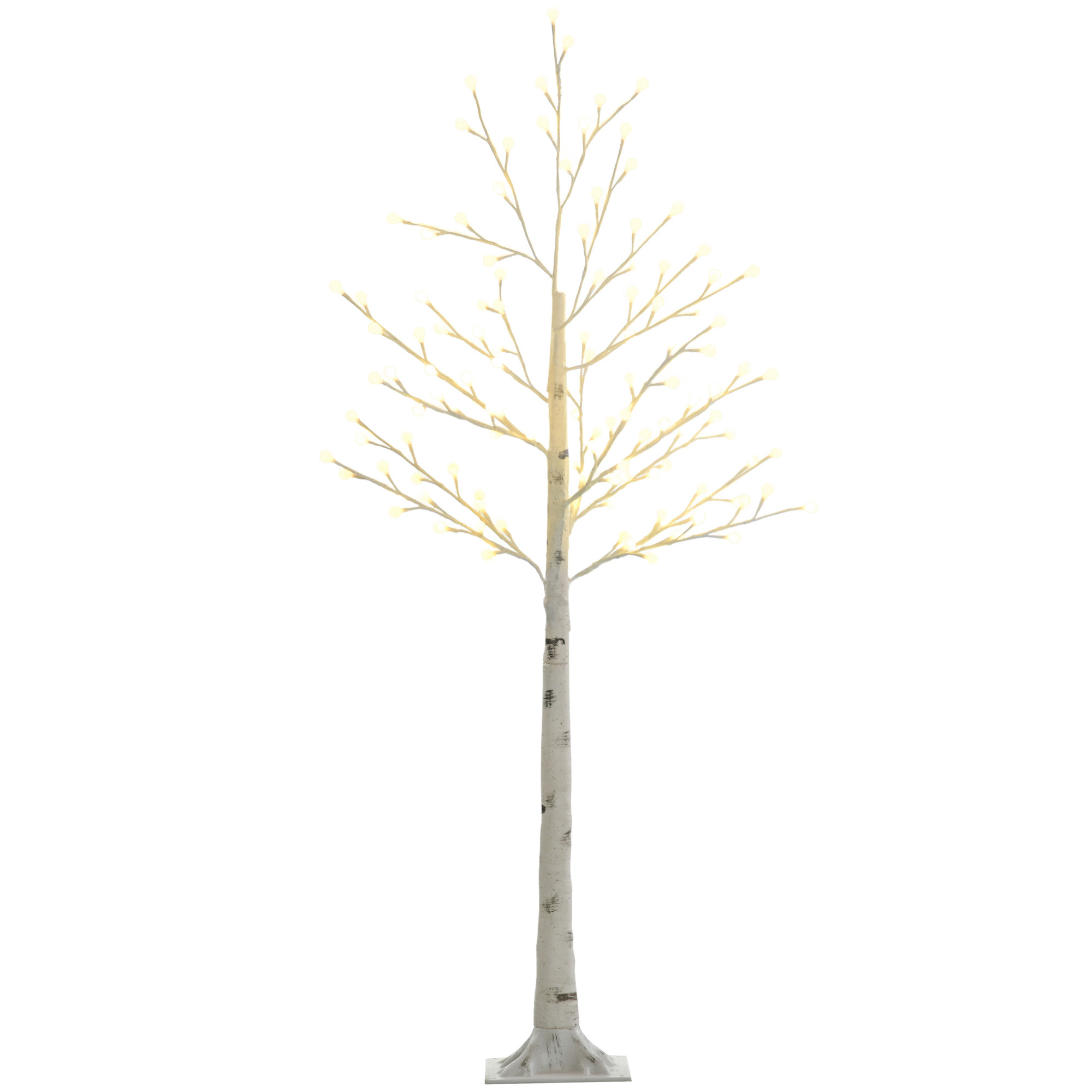 HOMCOM Künstliche Birke mit 120 LED-Lichtern, 3 Helligkeitsstufen, faltbare Äste, IP44, 150 cm, Weiß