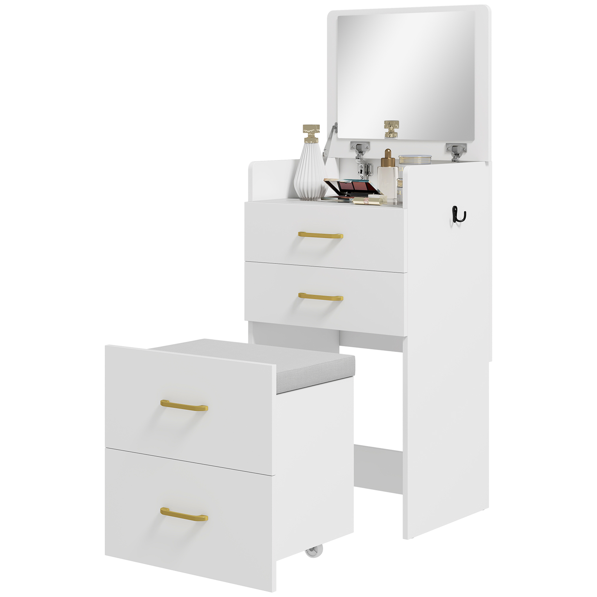 HOMCOM Coiffeuse mit Spiegel und Hocker 3 in 1, 3 Schubladen und transparenter Glassplatte, gepolstertes Kissen, 48 x 40 x 90 cm, weiß