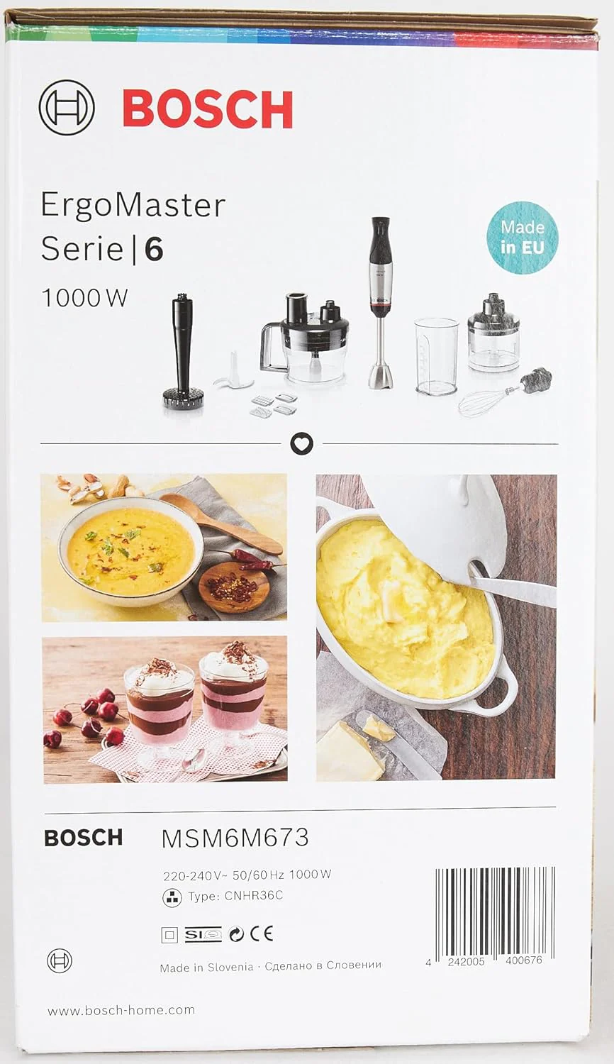 Bosch staafmixer ErgoMaster Serie 6 MSM6M673, 10 jaar motorgarantie, roestvrijstalen messen, slijtagevrije keramische koppeling, luchtkoeling, hakmolen, pureerstamper, garde, 1000 W