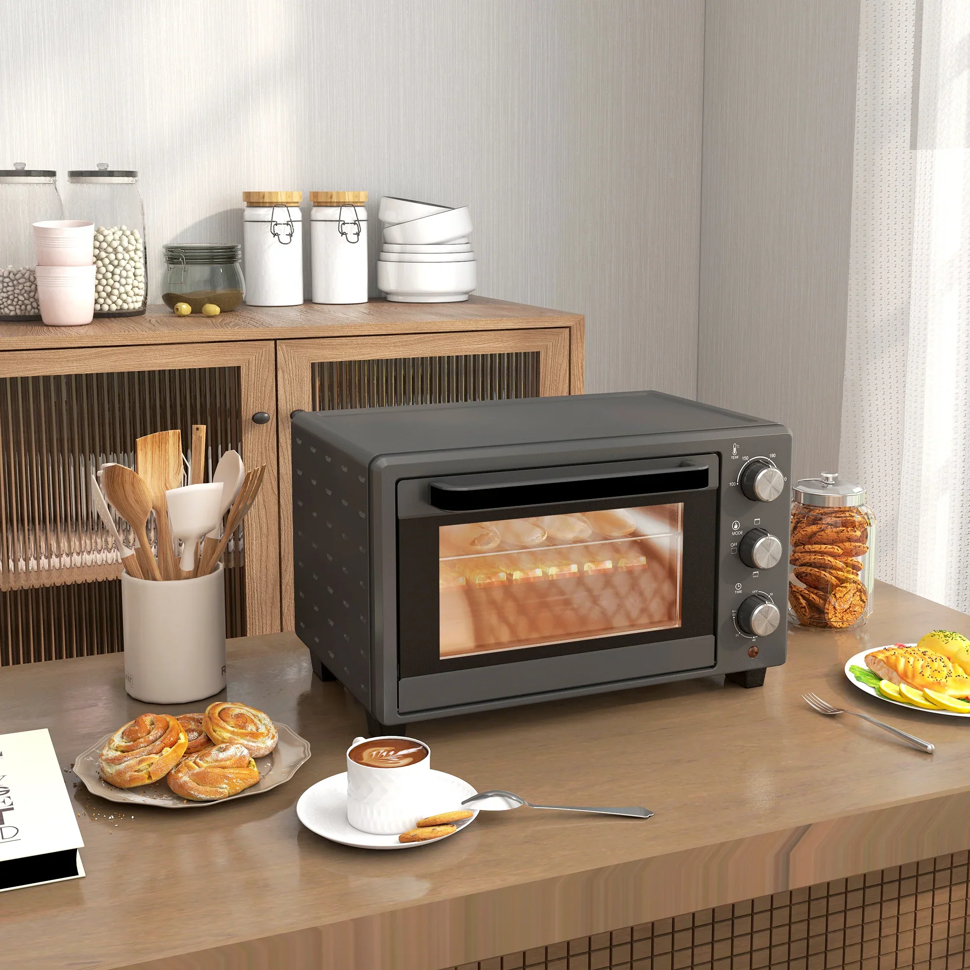 HOMCOM Mini-oven veelzijdig koken precieze temperatuurregeling roestvrij staal