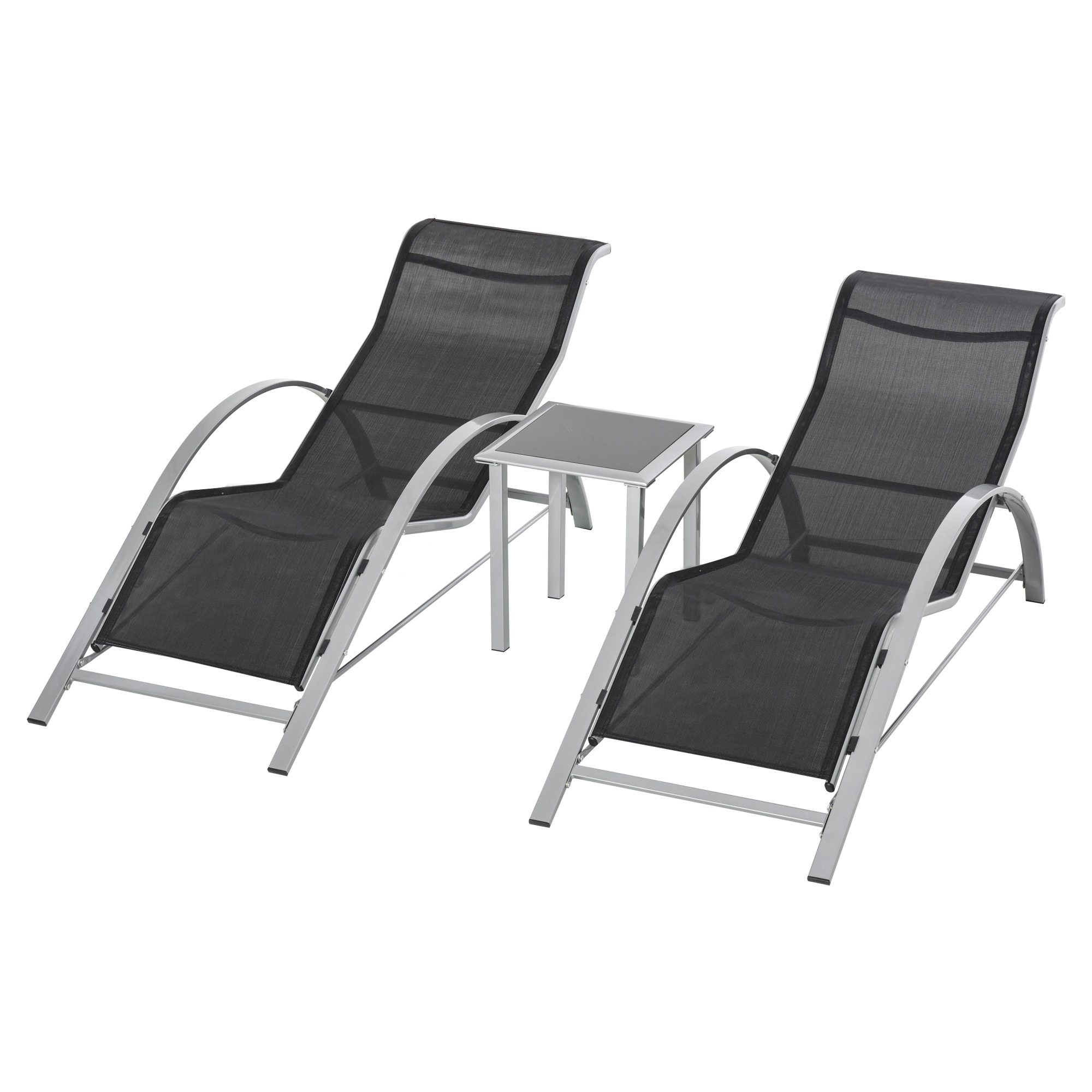 Outsunny Gartenliege Set Metall Mesh 3-TLG. Sonnenliege mit Teetisch Gartengarnitur mit 2 Sonnenliegen, 1 Beistelltisch Gartensitzgruppe für Garten, Balkon 59B x 169T x 66H cm Schwarz+Silber