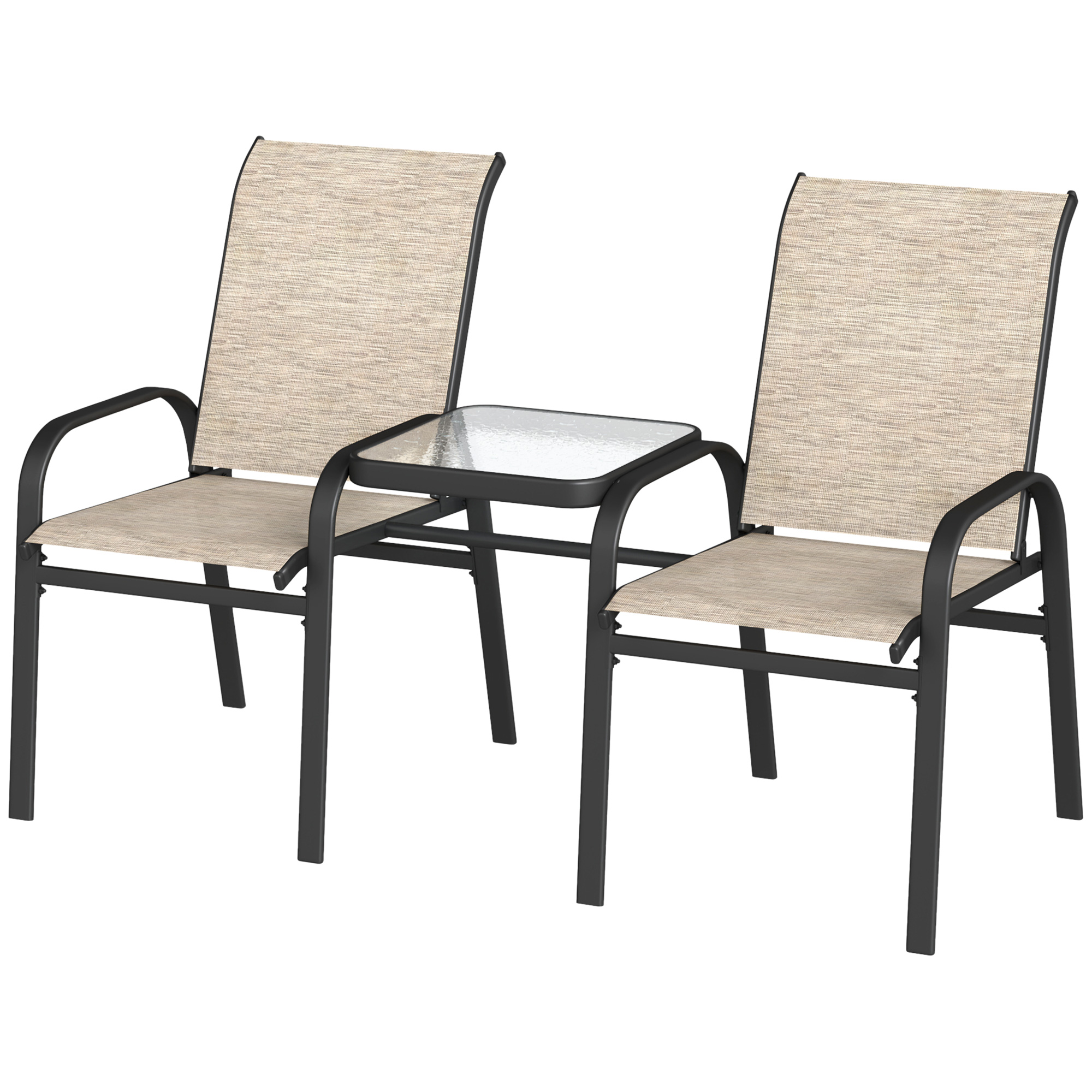 Outsunny Gartenbank für 2 Personen mit Armlehnen, hoher Rückenlehne und zentralem niedrigem Tisch aus Glas, Braun und Schwarz
