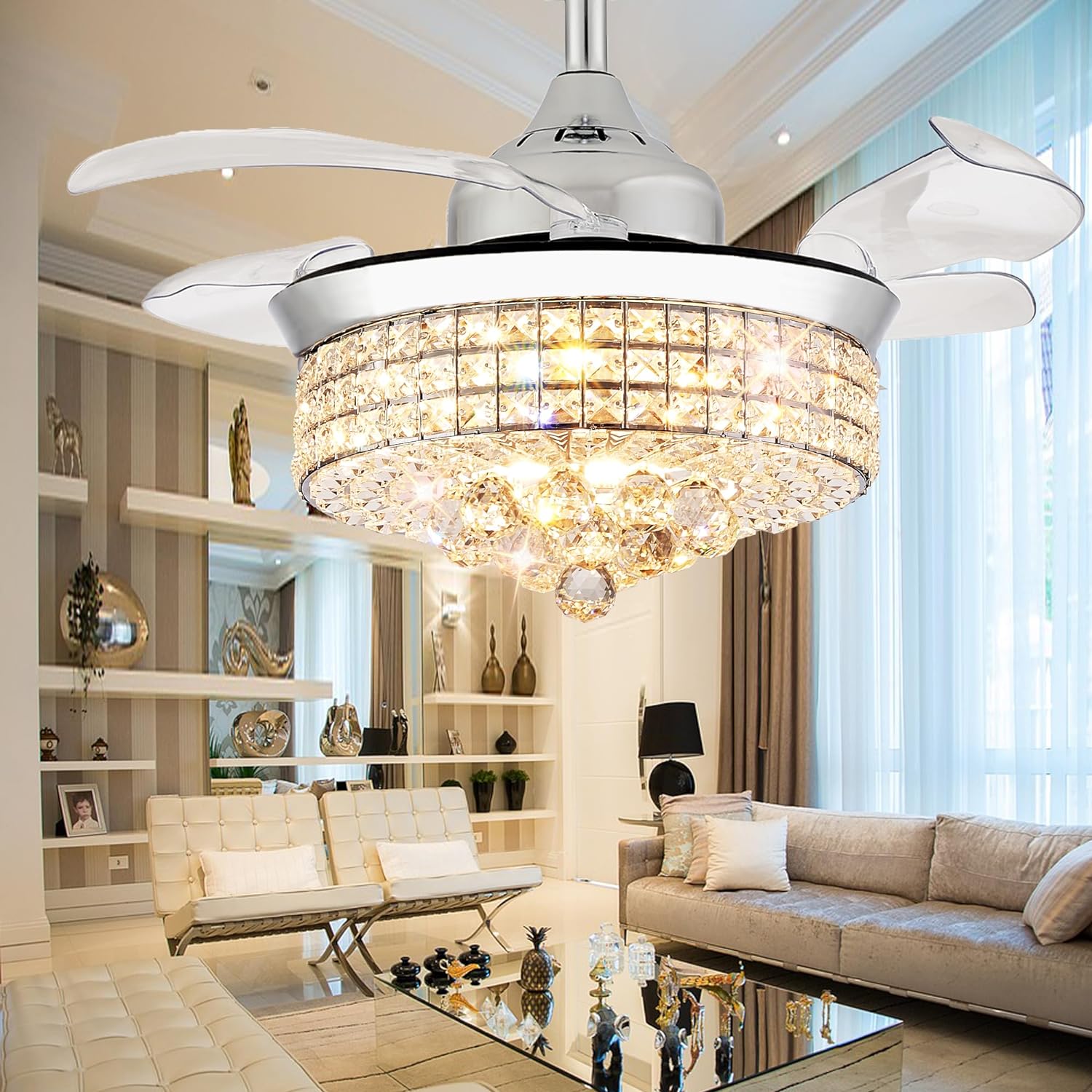 48&prime;&prime; Dimmable Black Fandelier Crystal LED Ceiling Fans with Lights and Remote Modern Retractable Blade Ceiling Lighting Fan Kit for Bedroom Dinning Room Living Room